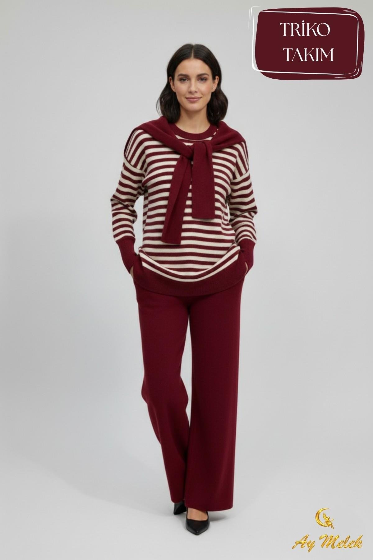 Kadın Triko Pantolon Takım Çizgili Atkı Detaylı Bisiklet Yaka Takım