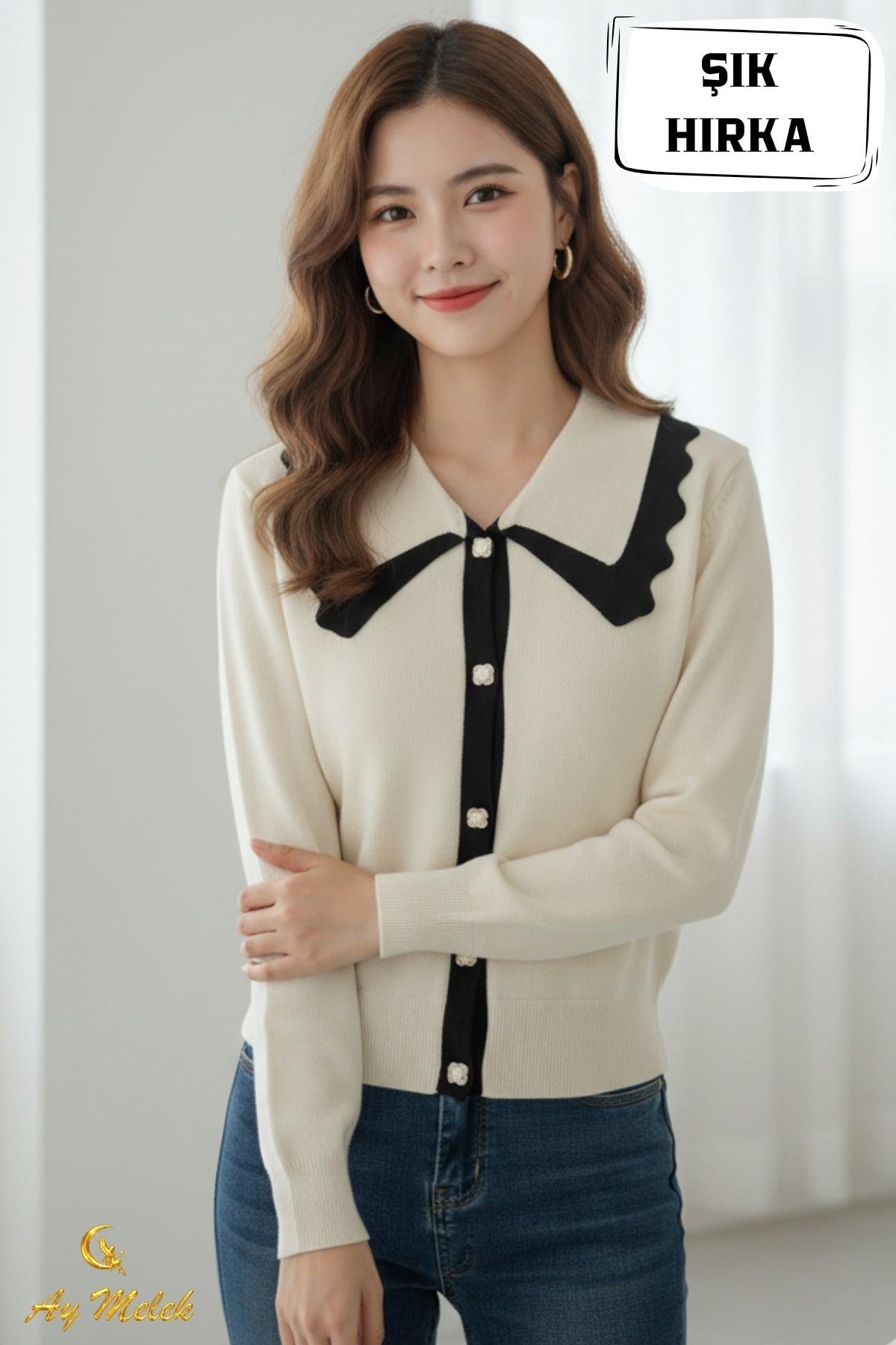 Kadın Triko Polo Yaka Düğmeli Fitilli Hırka