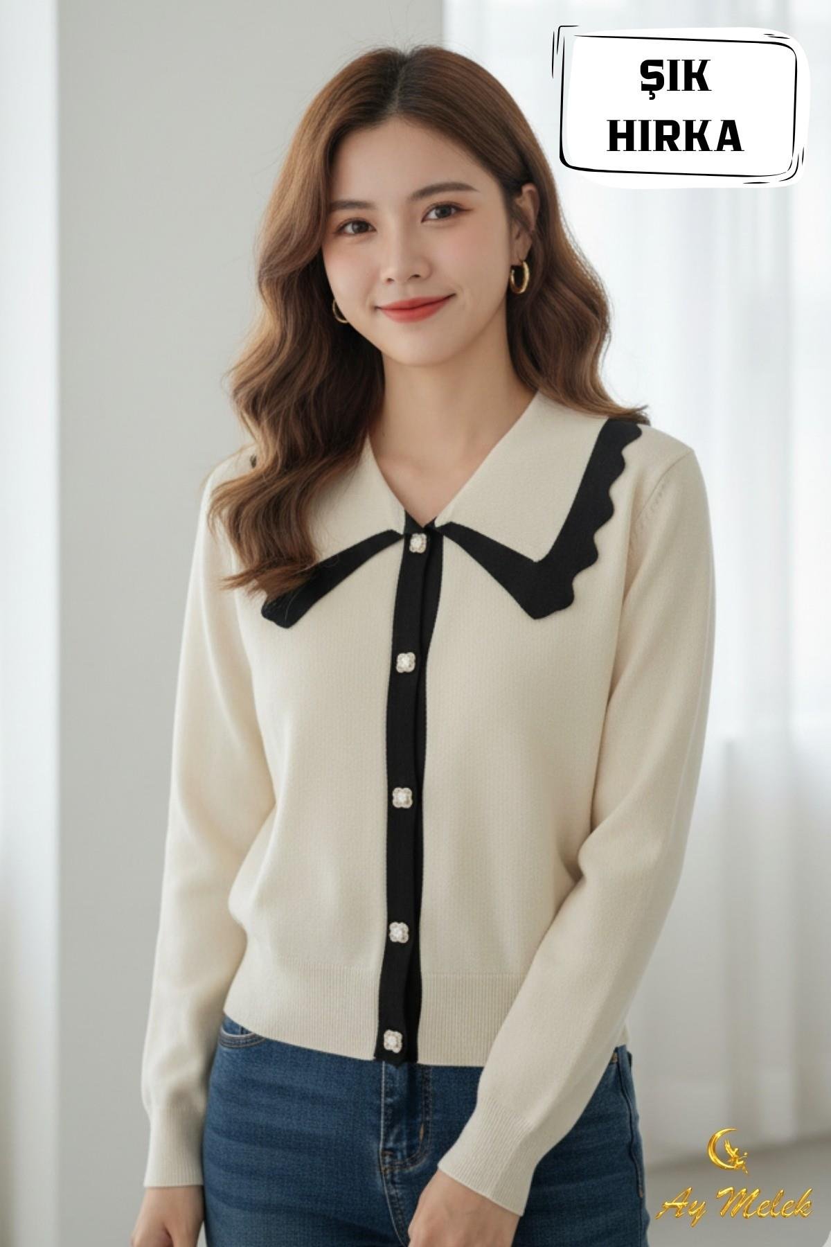 Kadın Triko Polo Yaka Düğmeli Fitilli Hırka