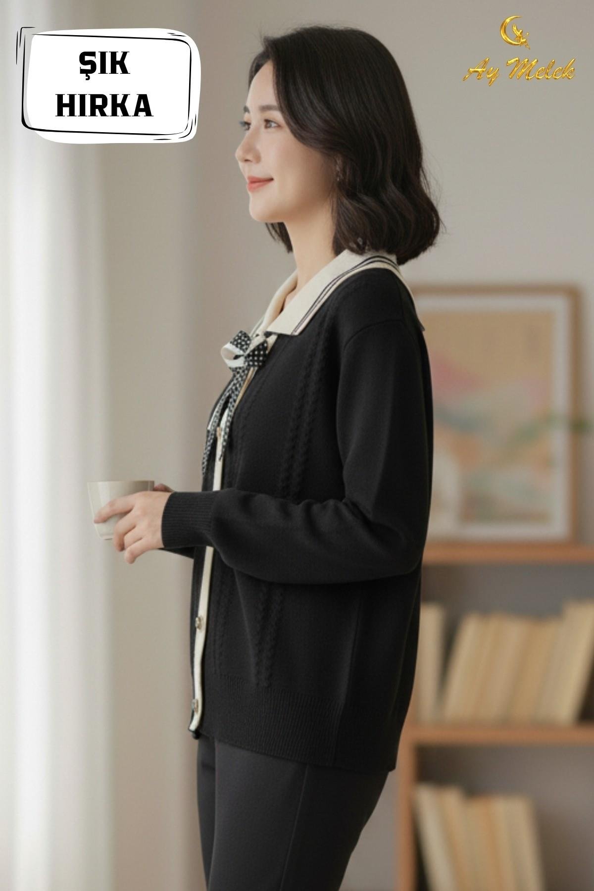 Kadın Triko Polo Yaka Düğmeli Fiyonklu Hırka