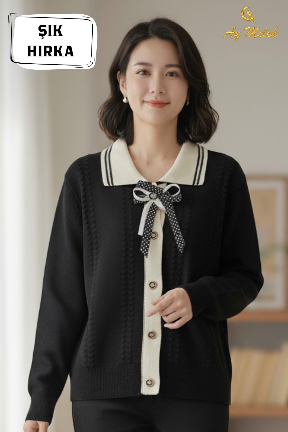 Kadın Triko Polo Yaka Düğmeli Fiyonklu Hırka