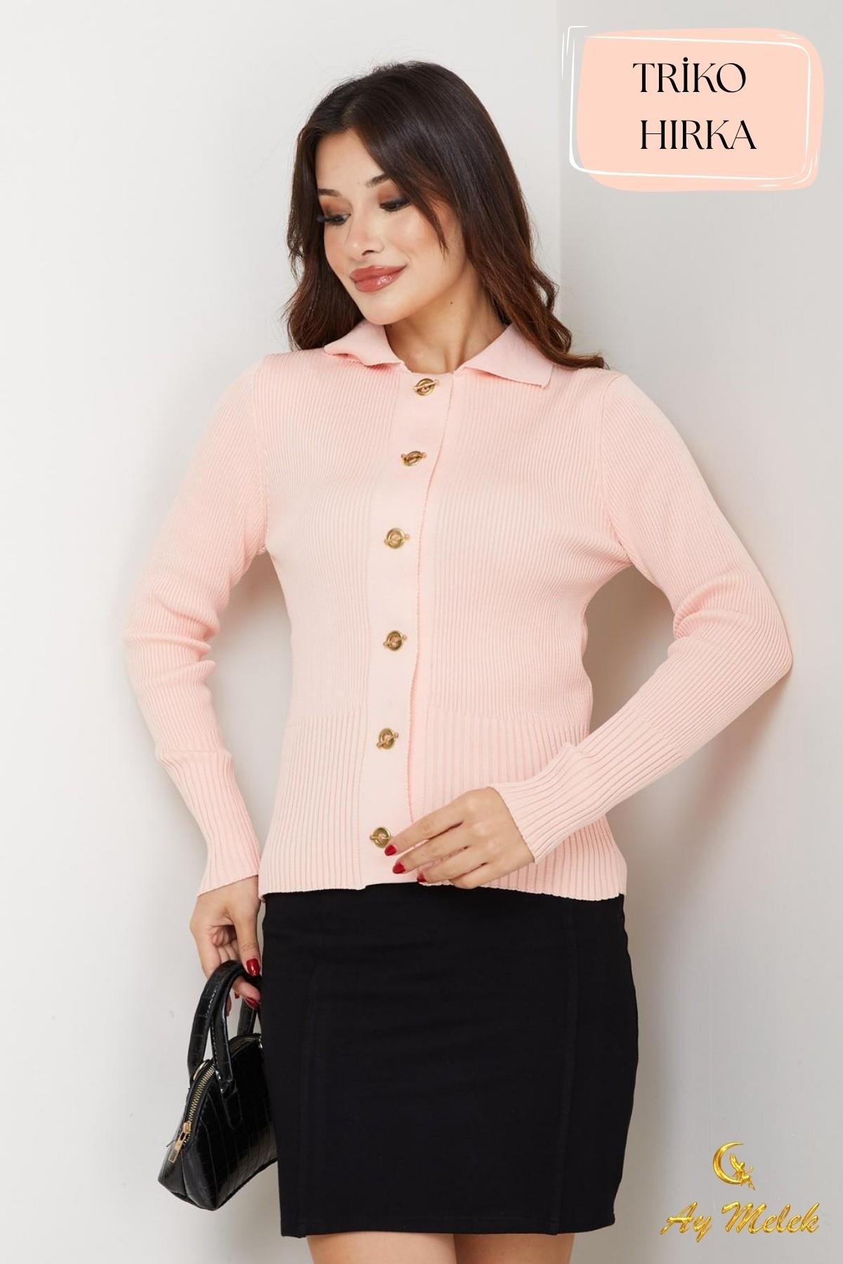 Kadın Triko Polo Yaka Kısa Fitilli Düğmeli Hırka