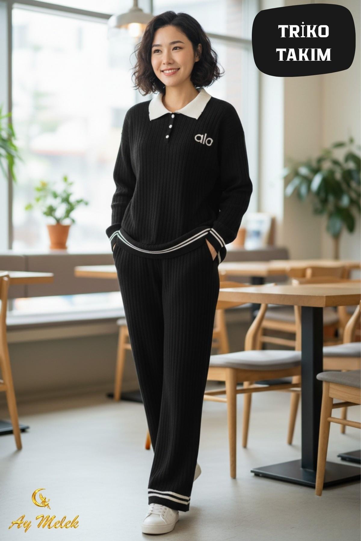 Kadın Triko Takım Düğmeli Çizgi Detaylı Fitilli Polo Yaka Takım