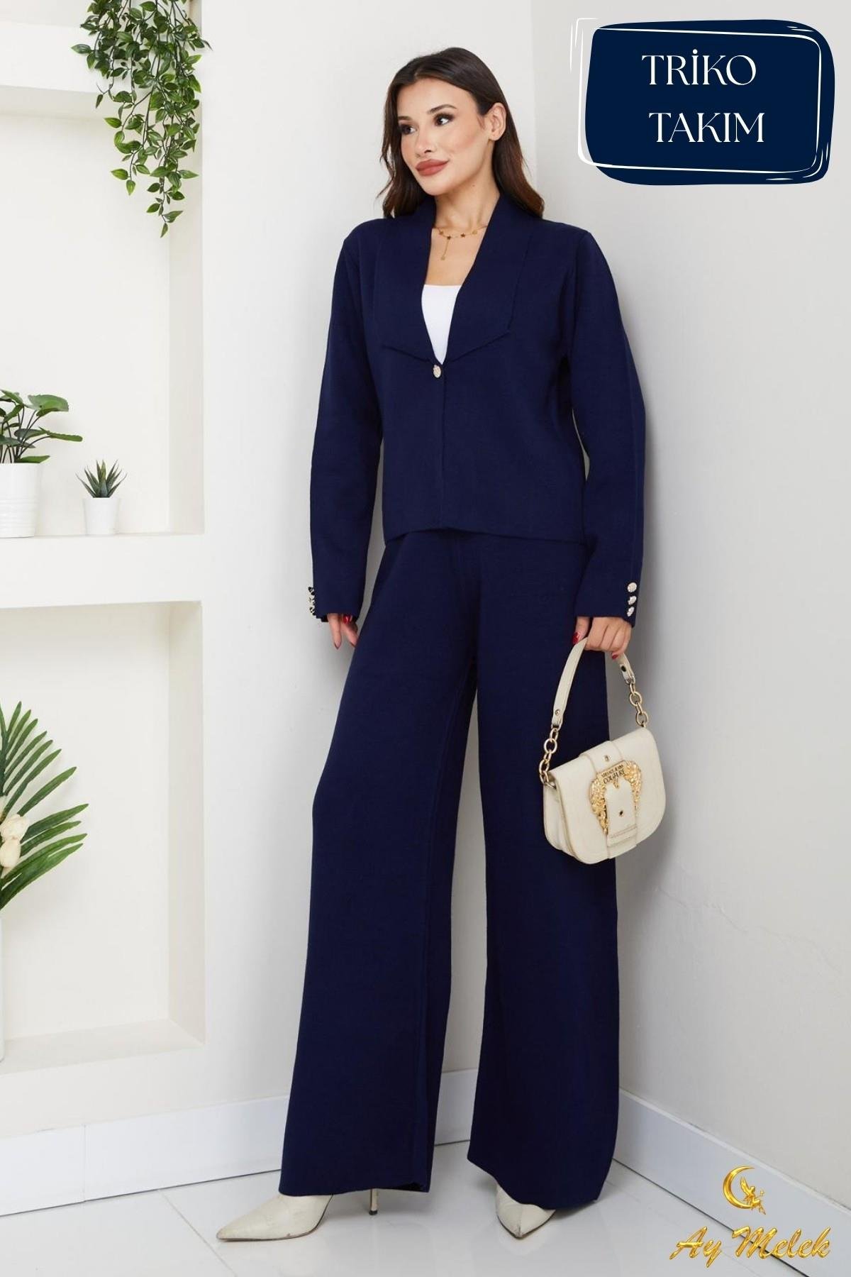 Kadın Triko Takım Düğmeli Şal Yaka Şık Pantolon Takım