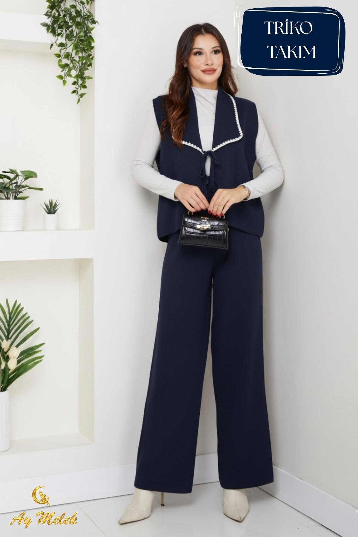 Kadın Triko Takım Şal Yaka Yelekli Pantolon Takım