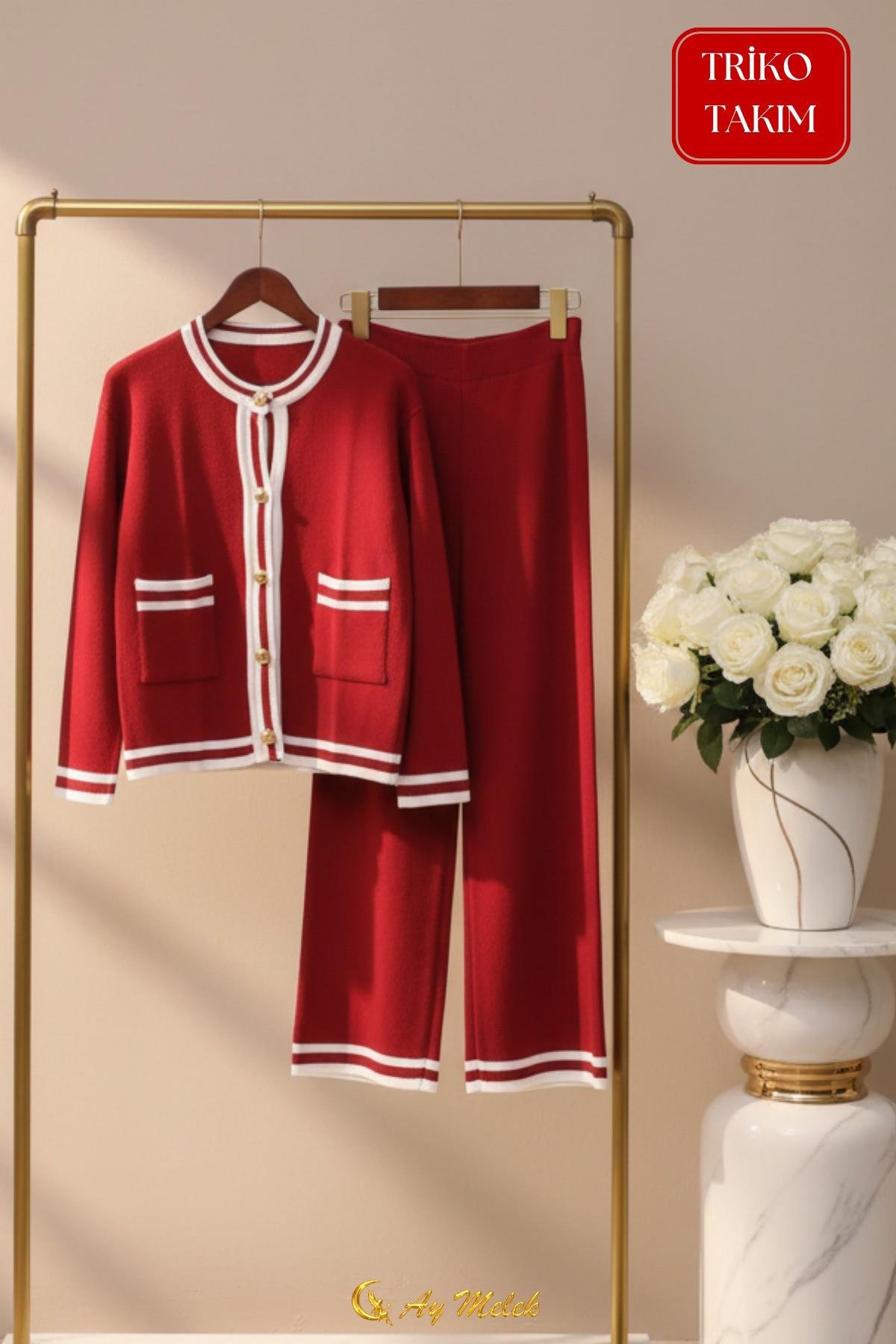 Kadın Triko Takım Şerit Detaylı Düğmeli Hırka ve Pantolon Alt Üst Takım