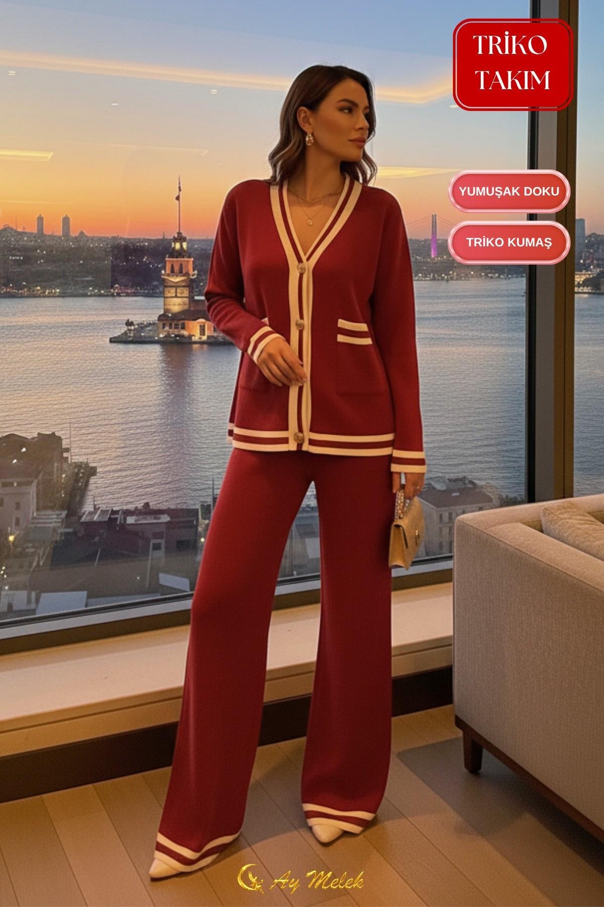 Kadın Triko Takım Şerit Detaylı Düğmeli Hırka ve Pantolon Alt Üst Takım