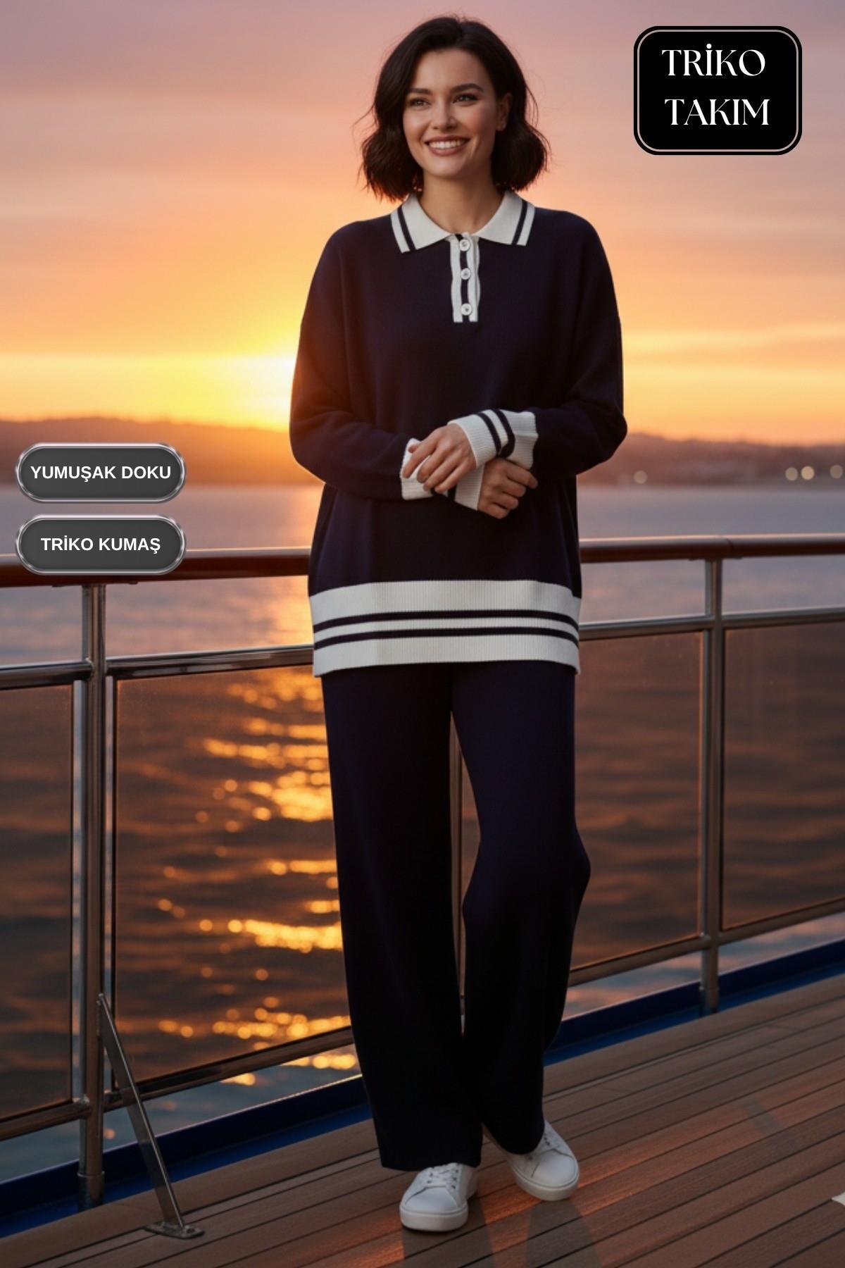 Kadın Triko Takım Şeritli Polo Yaka Düğmeli Kazak ve Pantolon Alt Üst Takım