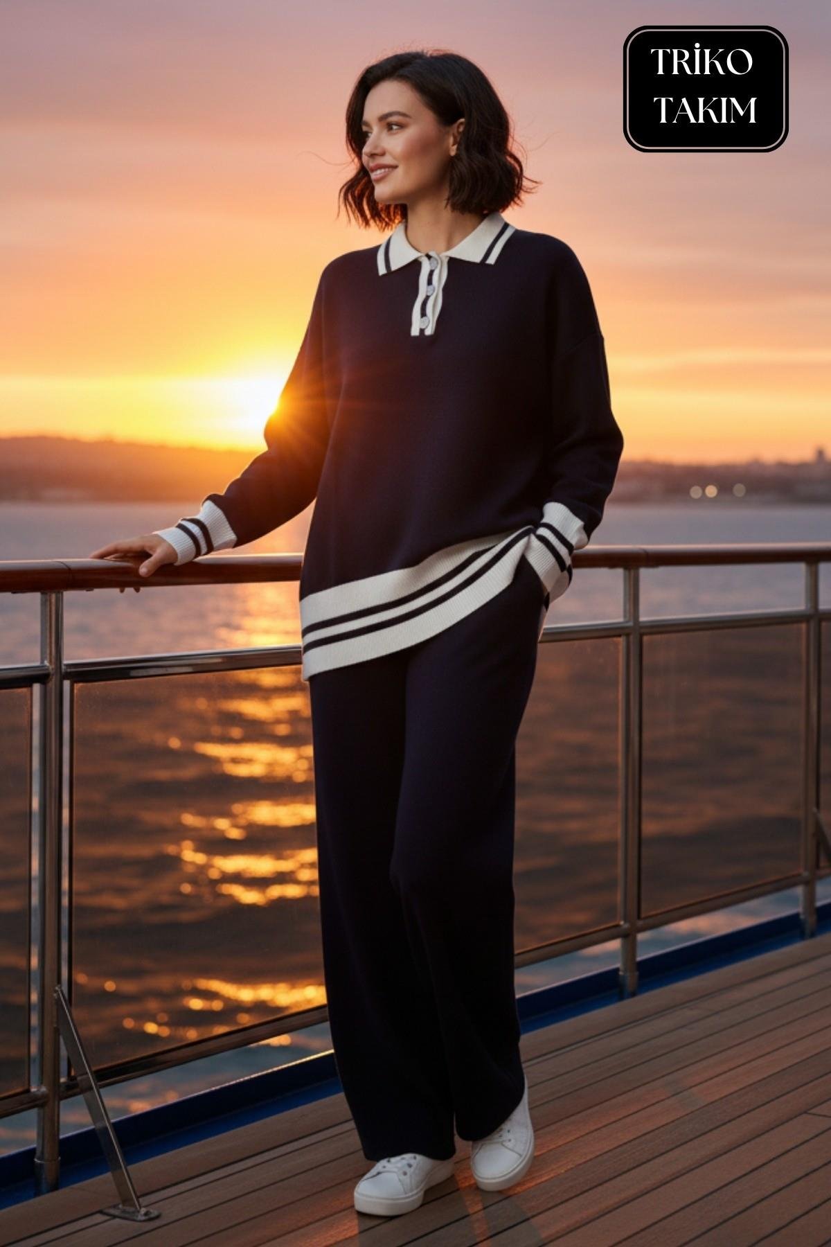 Kadın Triko Takım Şeritli Polo Yaka Düğmeli Kazak ve Pantolon Alt Üst Takım