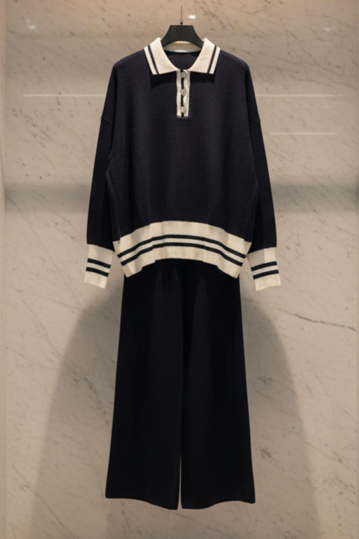 Kadın Triko Takım Şeritli Polo Yaka Düğmeli Kazak ve Pantolon Alt Üst Takım