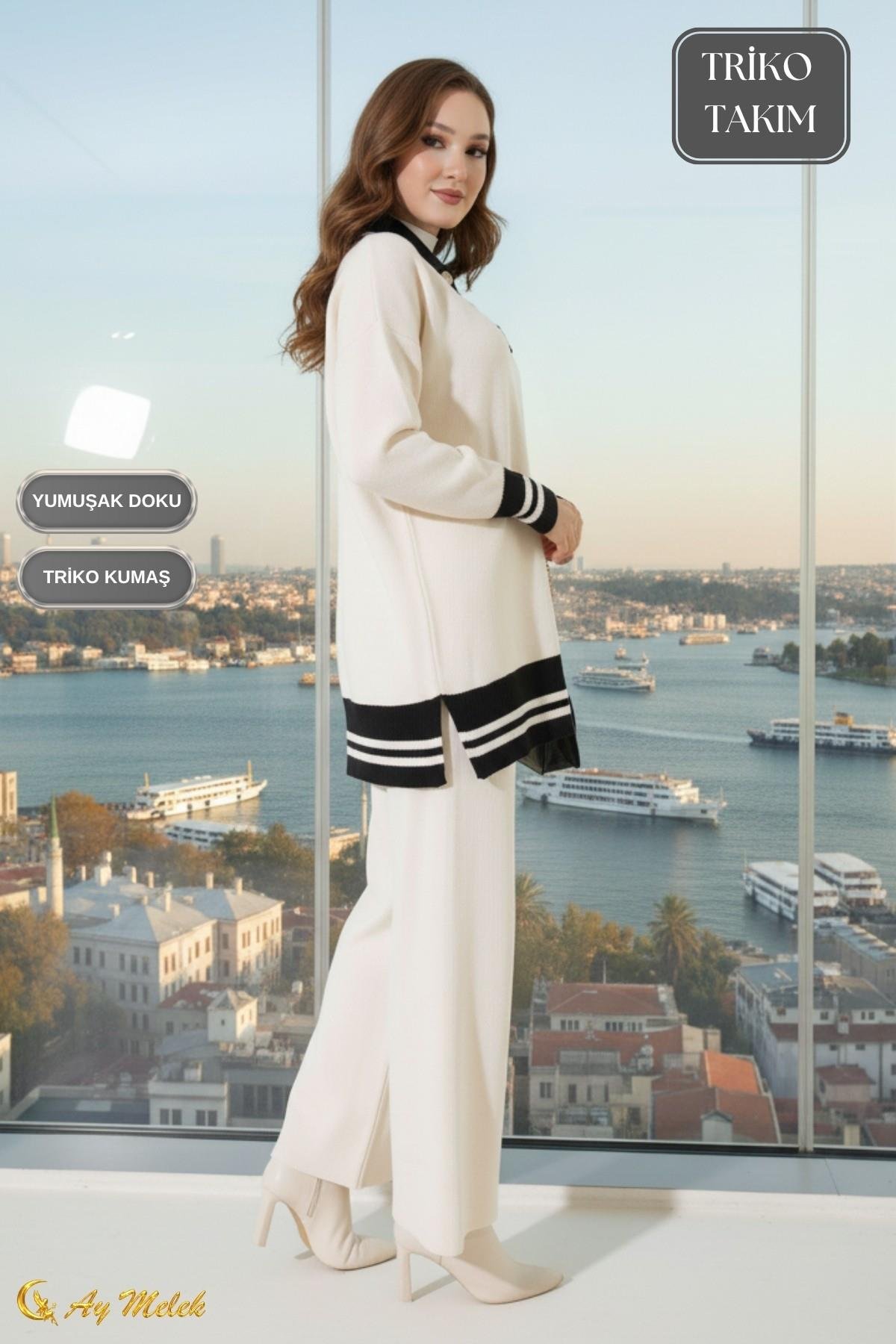 Kadın Triko Takım Şeritli Polo Yaka Düğmeli Kazak ve Pantolon Alt Üst Takım