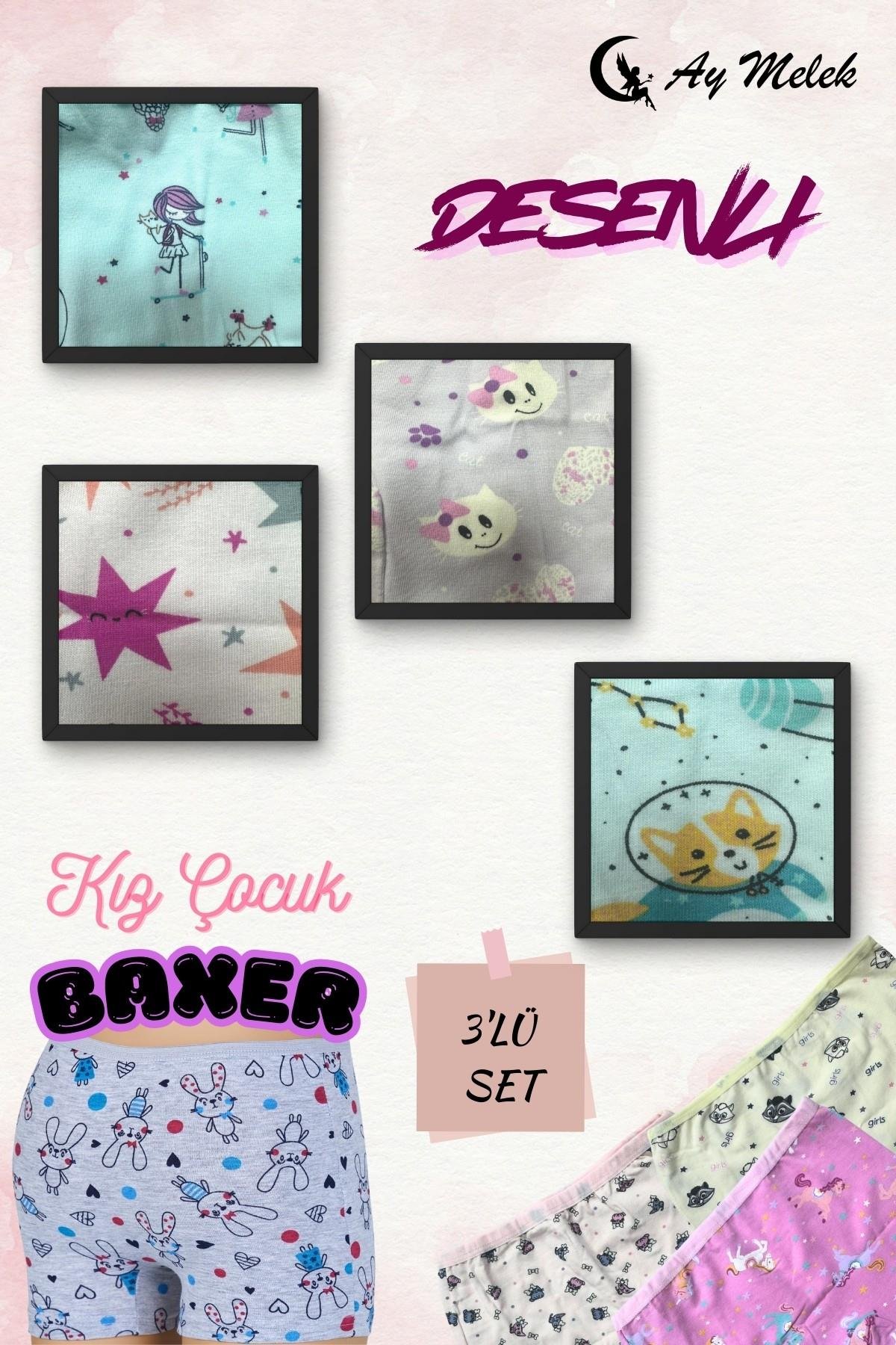 Kız Çocuk (3`lü Paket) Soft Yıkama Pamuklu Renkli Baskılı Boxer