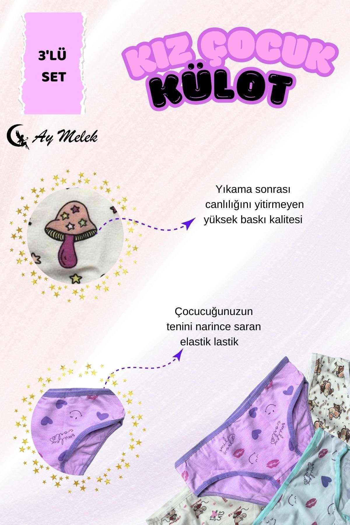 Kız Çocuk Külot (3`lü Paket) Soft Yıkama Pamuklu Renkli Baskılı Kilot