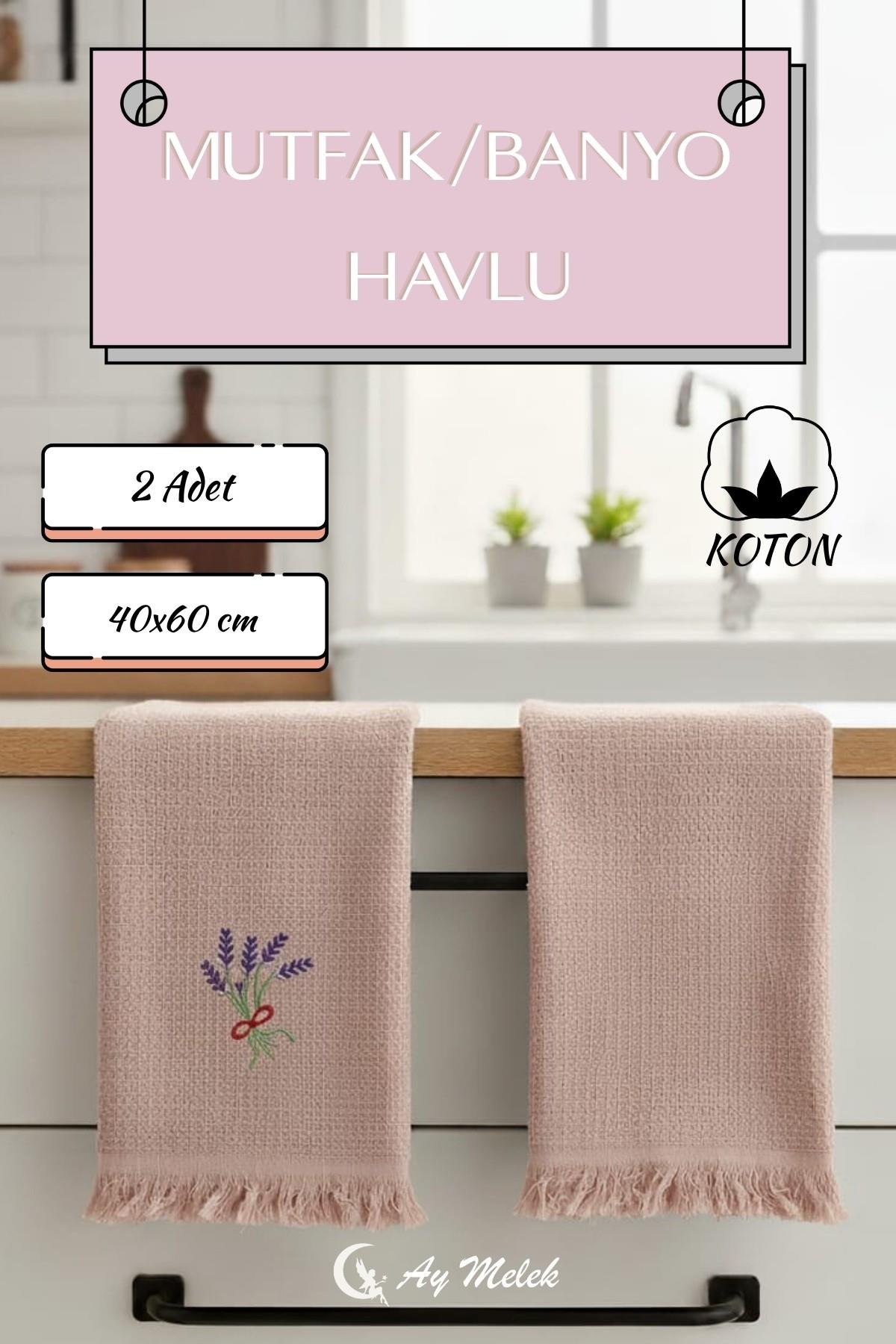 Mutfak ve Banyo Havlusu 2`li %100 Pamuklu Nakışlı El Havlusu