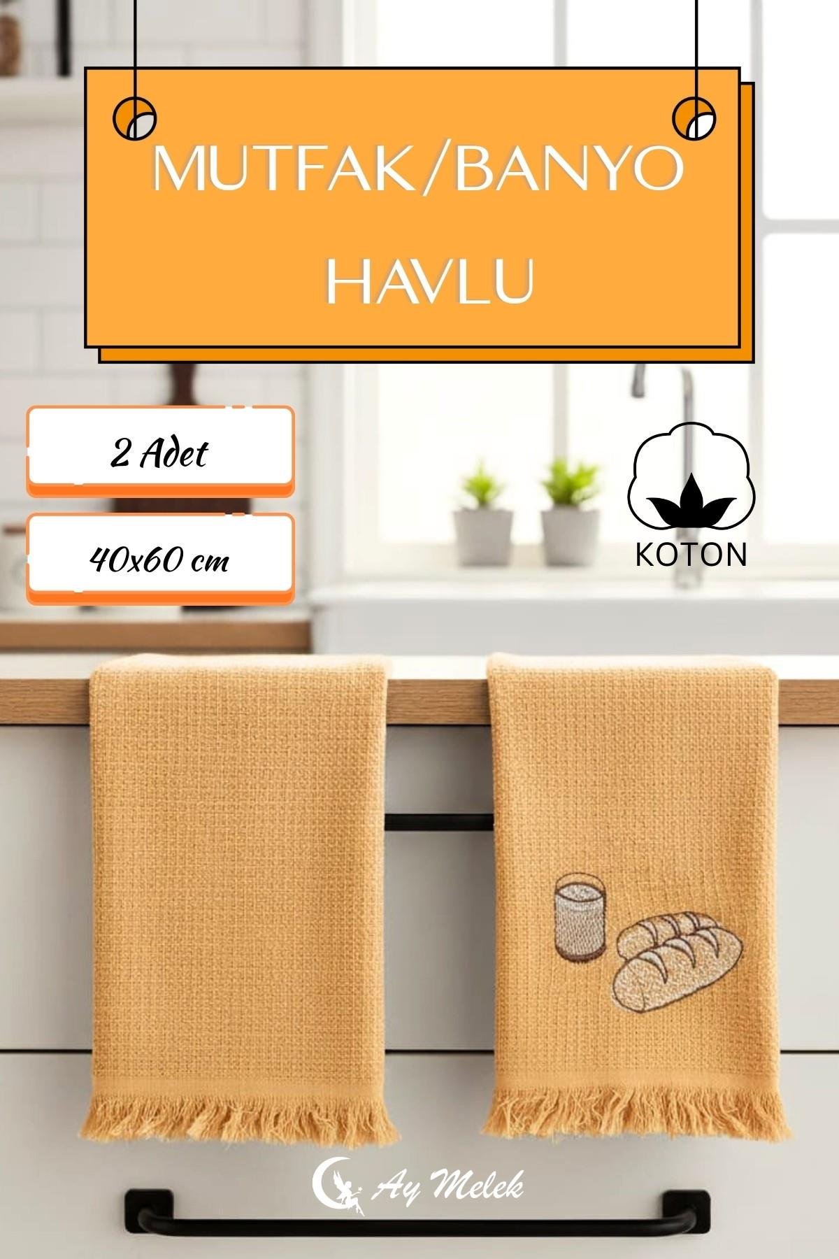 Mutfak ve Banyo Havlusu 2`li %100 Pamuklu Nakışlı El Havlusu