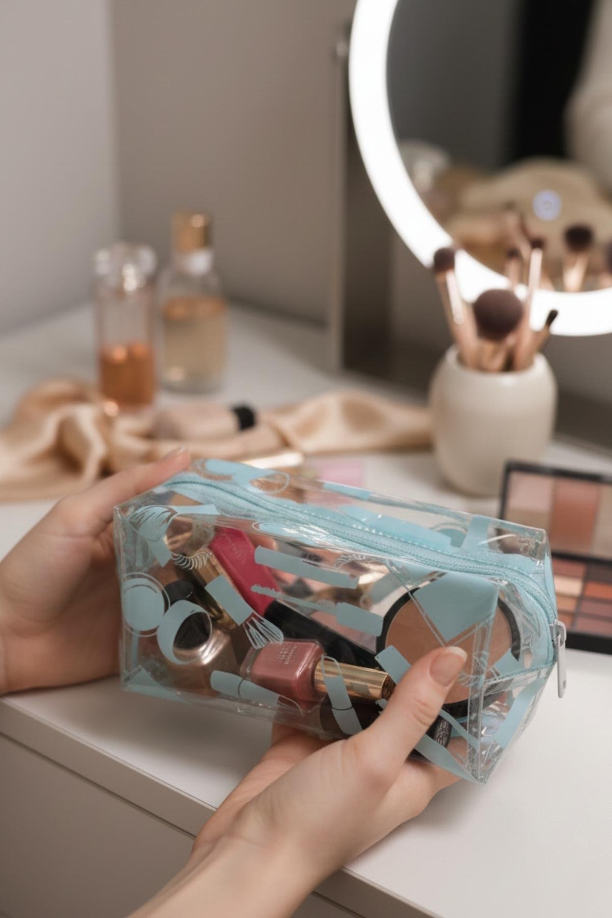 Su Geçirmez Desenli Pvc Makyaj ve Organizer Düzenleyici Seyahat Çantası