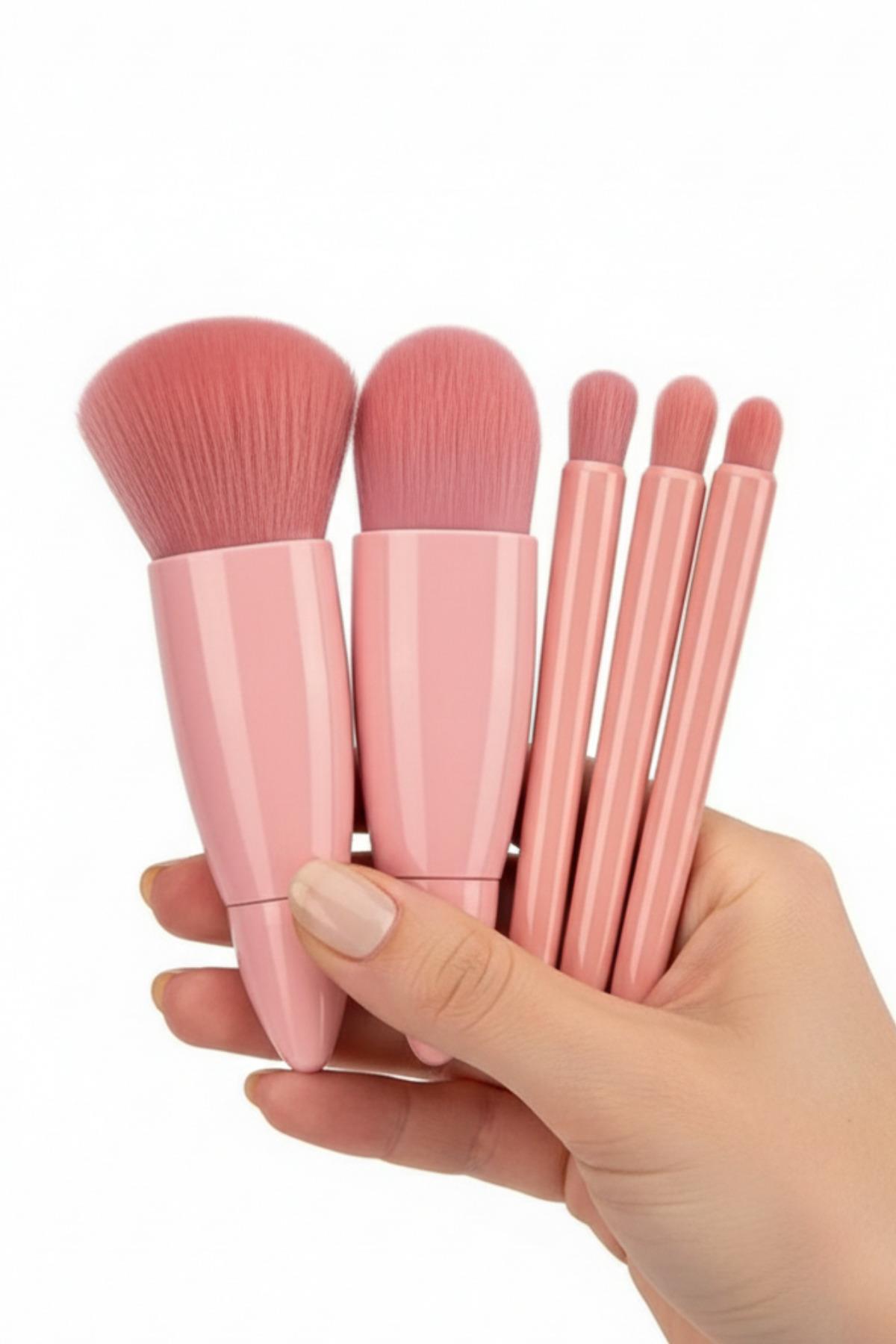 Taşınabilir Aynalı (5'li) Makyaj Fırça Seti Fondöten Göz Farı Allık Karıştırma Makyaj Fırçaları