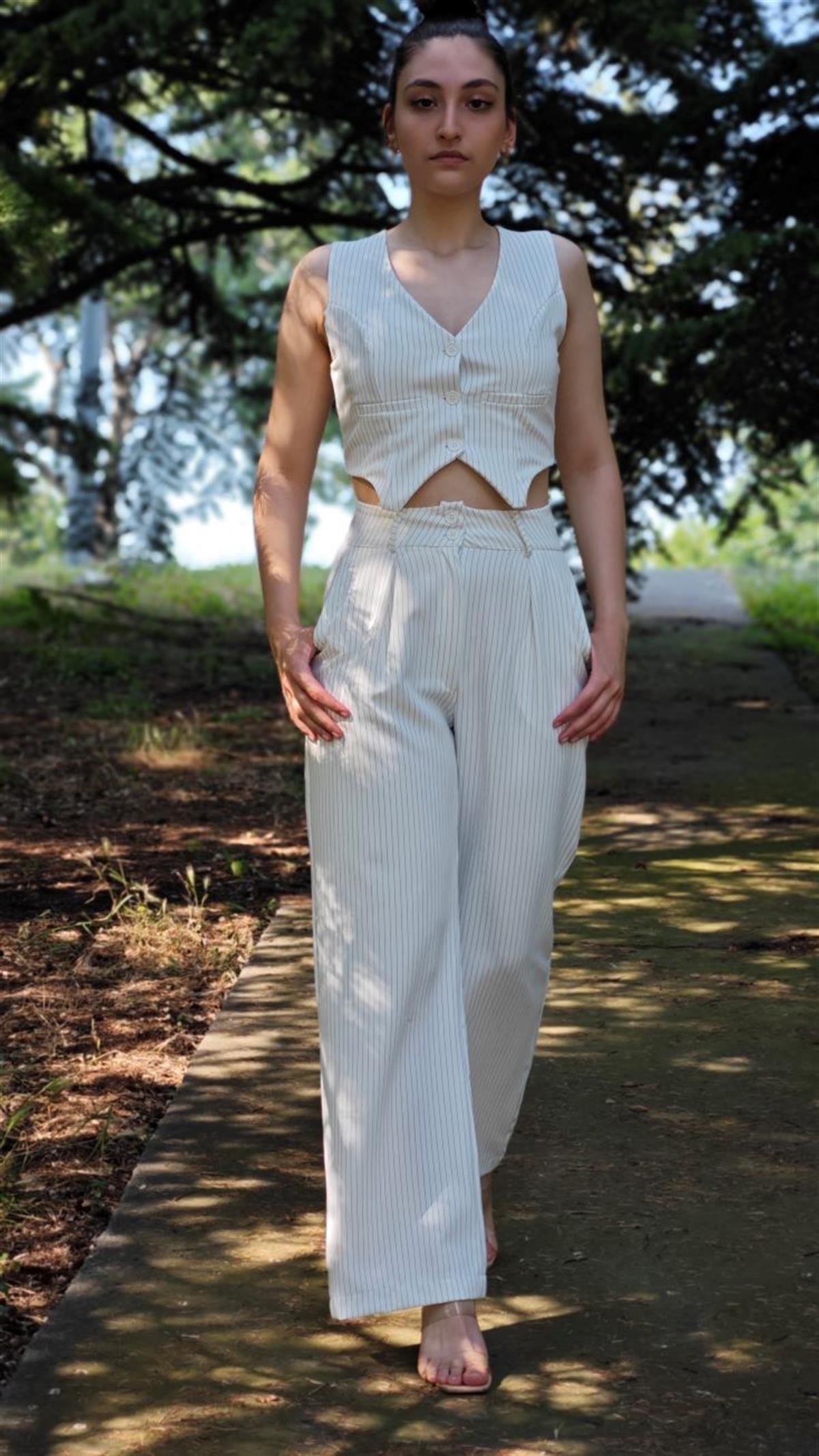 ÇİZGİLİ DESEN DUBLE KUMAŞ YELEKLİ PLAZZO ZARA PANTOLON TAKIM