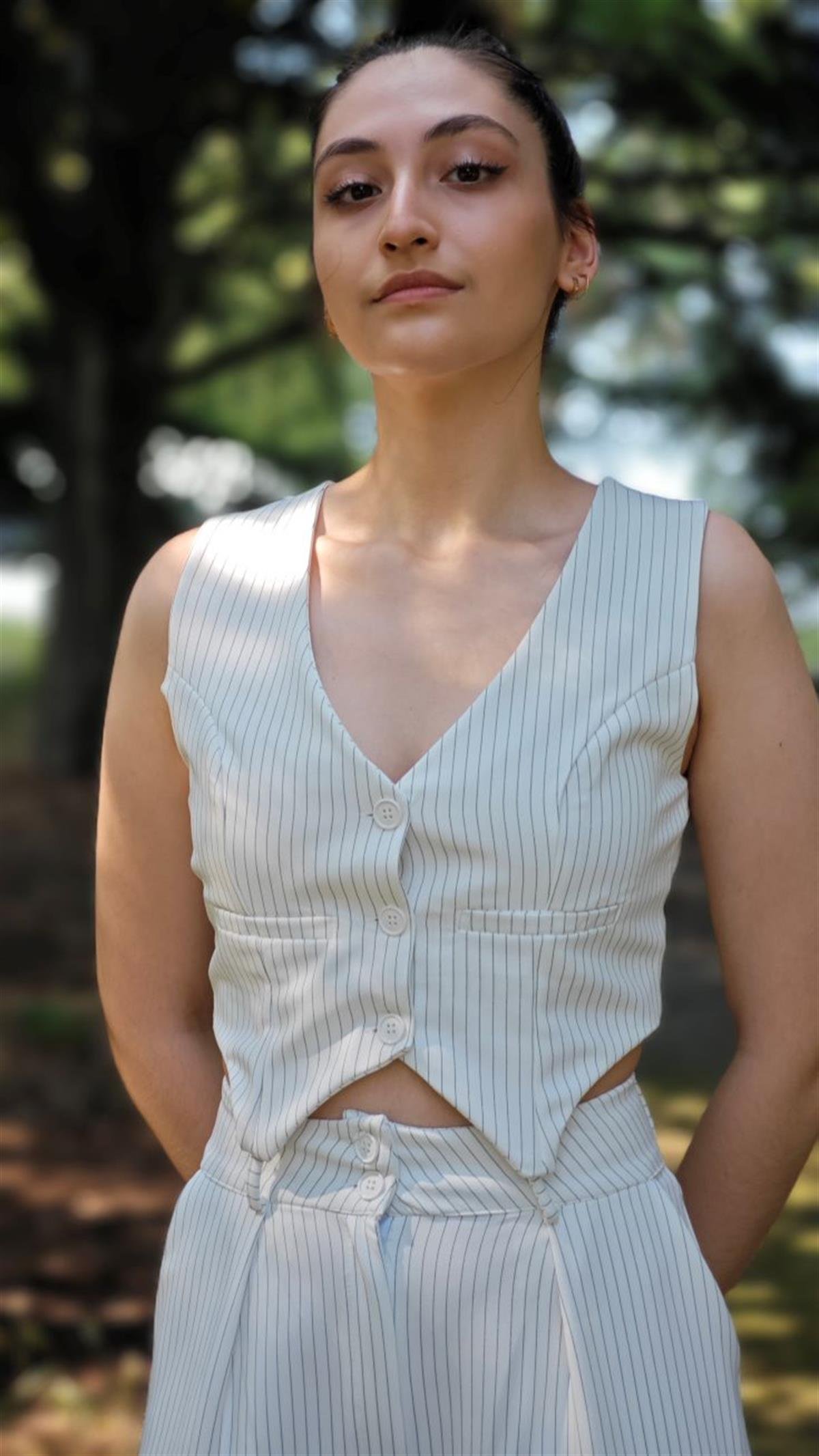 ÇİZGİLİ DESEN DUBLE KUMAŞ YELEKLİ PLAZZO ZARA PANTOLON TAKIM
