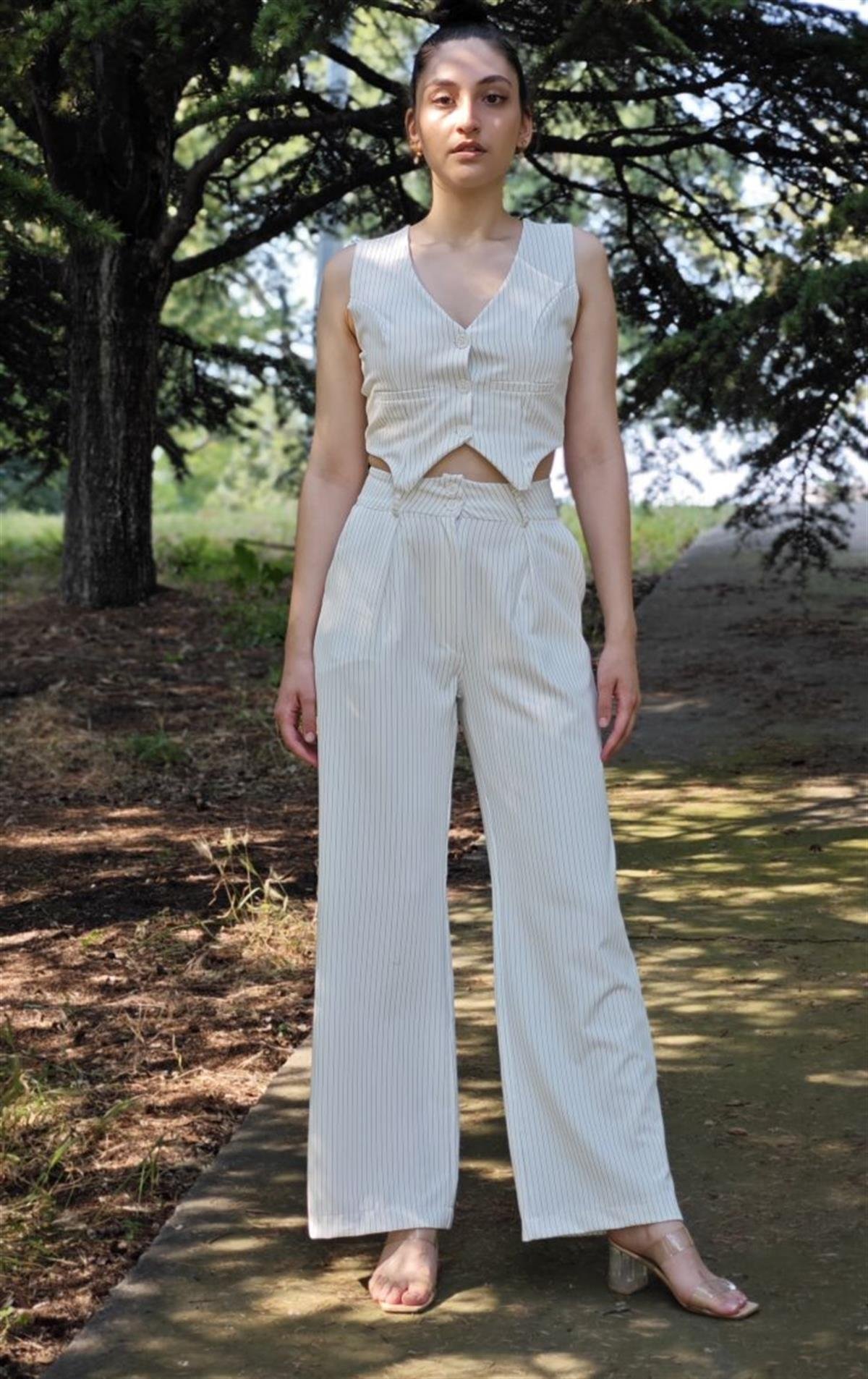 ÇİZGİLİ DESEN DUBLE KUMAŞ YELEKLİ PLAZZO ZARA PANTOLON TAKIM