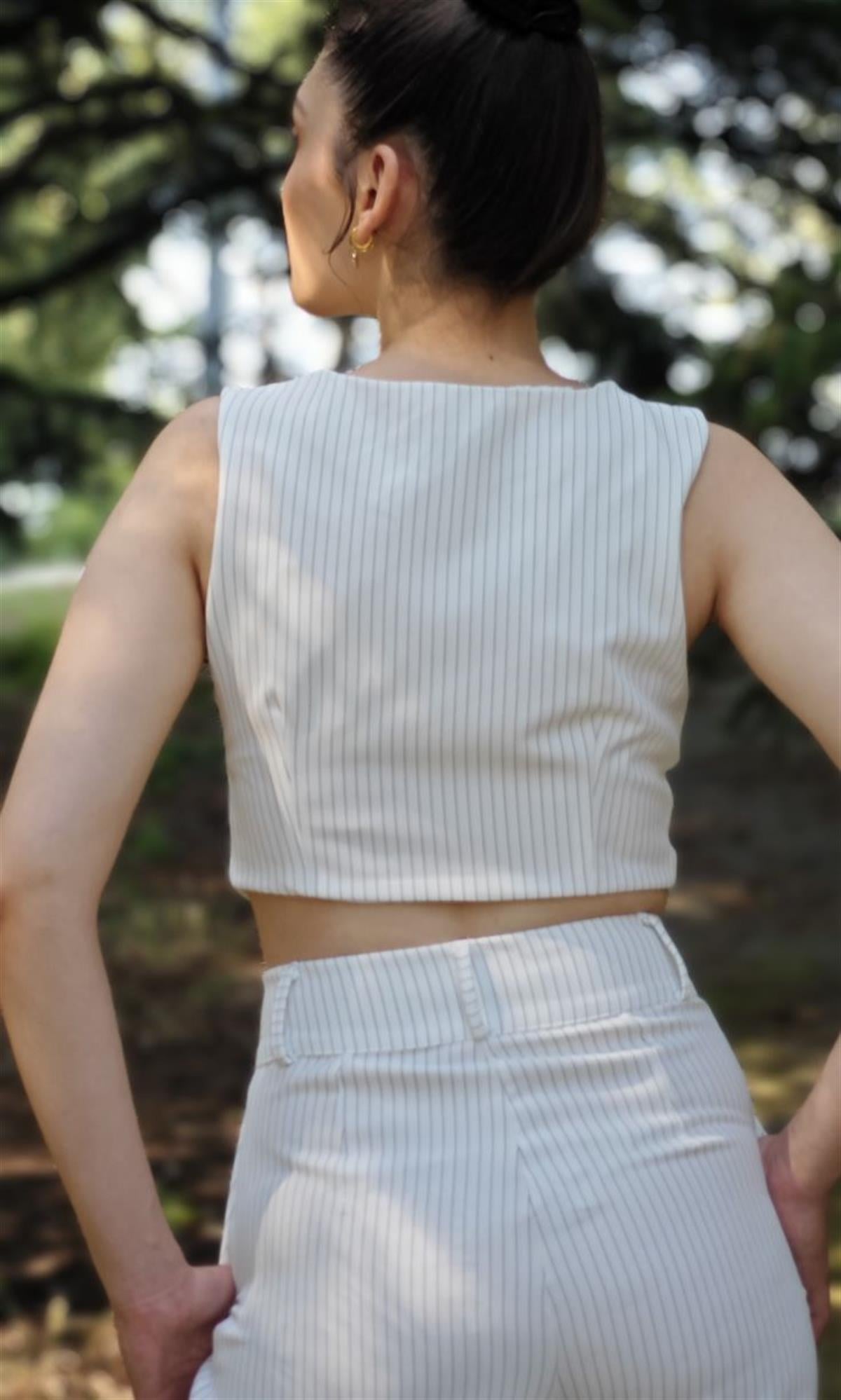 ÇİZGİLİ DESEN DUBLE KUMAŞ YELEKLİ PLAZZO ZARA PANTOLON TAKIM