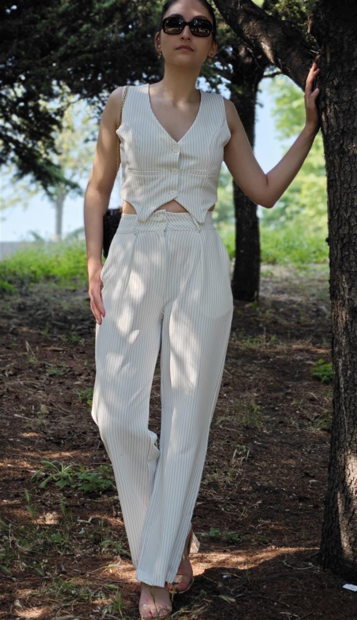 ÇİZGİLİ DESEN DUBLE KUMAŞ YELEKLİ PLAZZO ZARA PANTOLON TAKIM