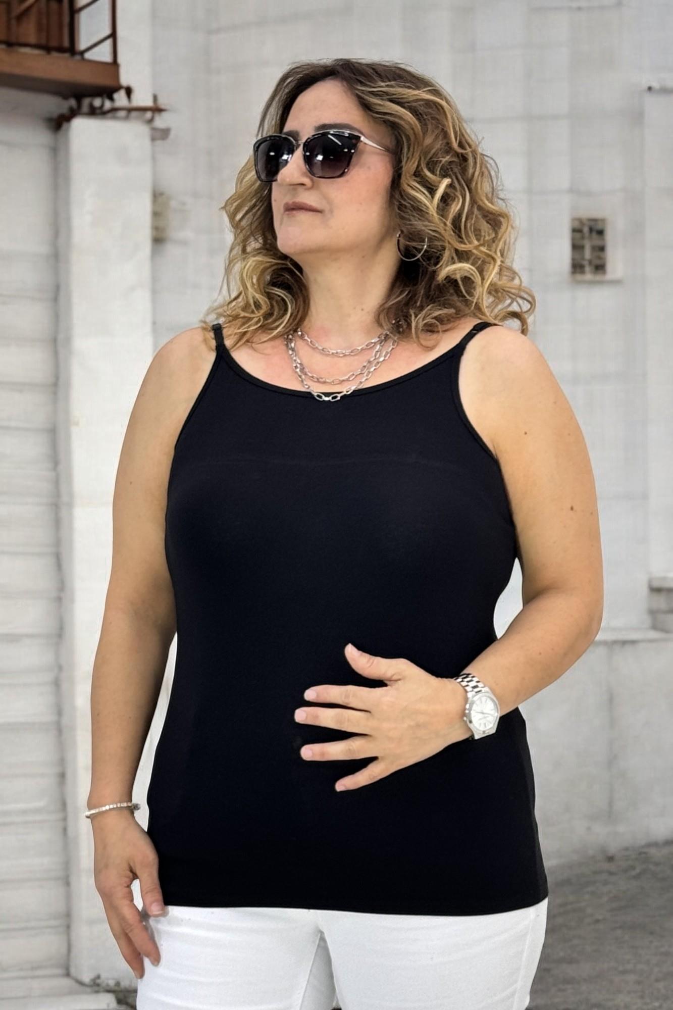 İNCE İP ASKILI KOLSUZ EKSTRA BÜYÜK BEDEN BODY BLUZ SİYAH