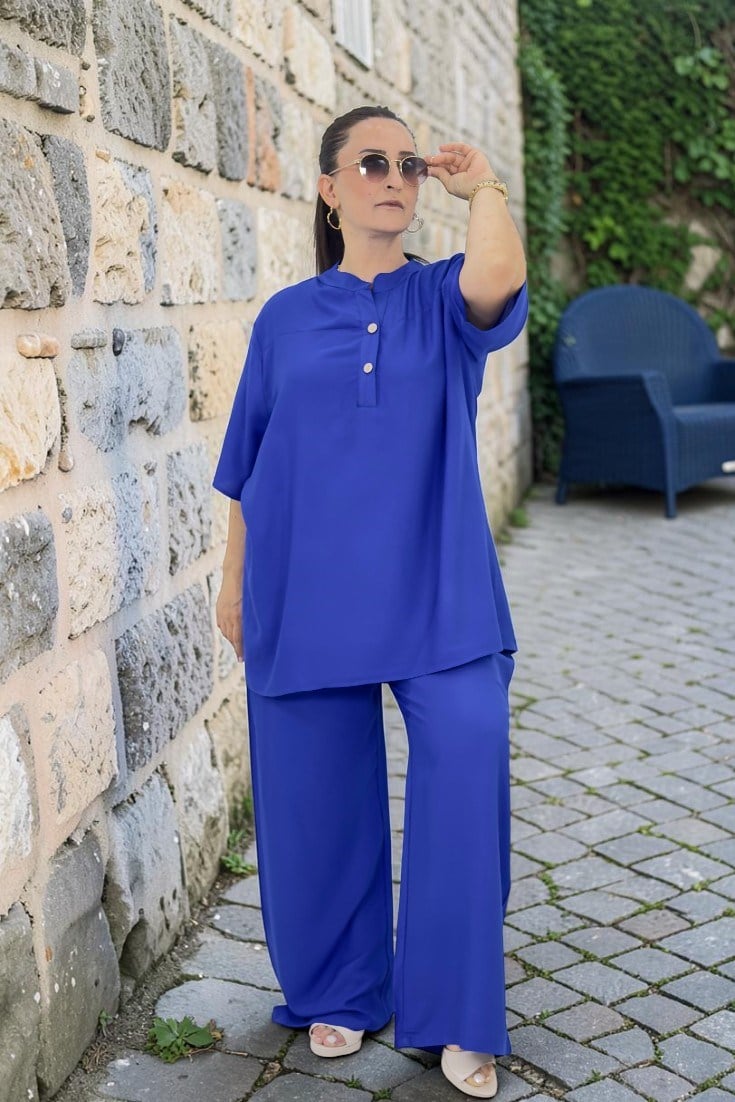 HAKİM YAKA ÖNDEN YARIM DÜĞMELİ TUNİK BELİ LASTİKLİ CEPLİ PANTOLON YAZLIK VİSKON KUMAŞ BÜYÜK BEDEN İKİLİ TAKIM