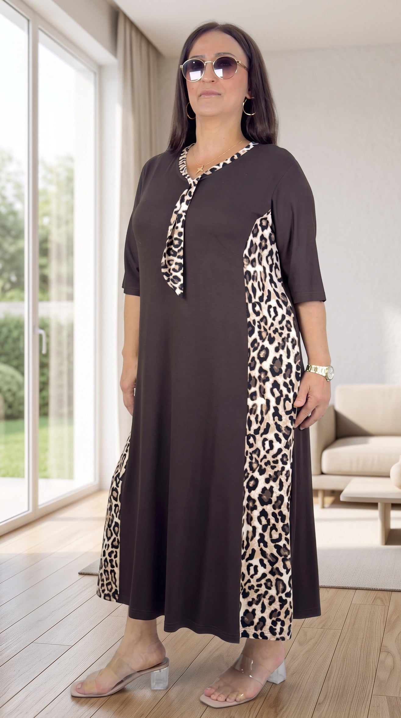 LEOPAR DESENLİ CEPLİ FUL LİKRALI V YAKA BÜYÜK BEDEN PAMUKLU VİSKON YAZLIK ELBİSE
