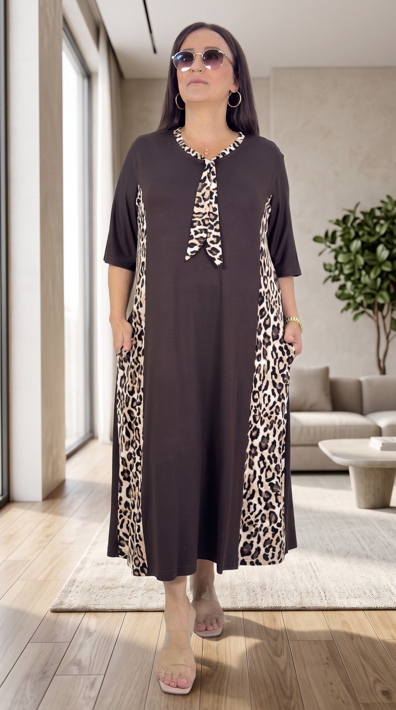 LEOPAR DESENLİ CEPLİ FUL LİKRALI V YAKA BÜYÜK BEDEN PAMUKLU VİSKON YAZLIK ELBİSE
