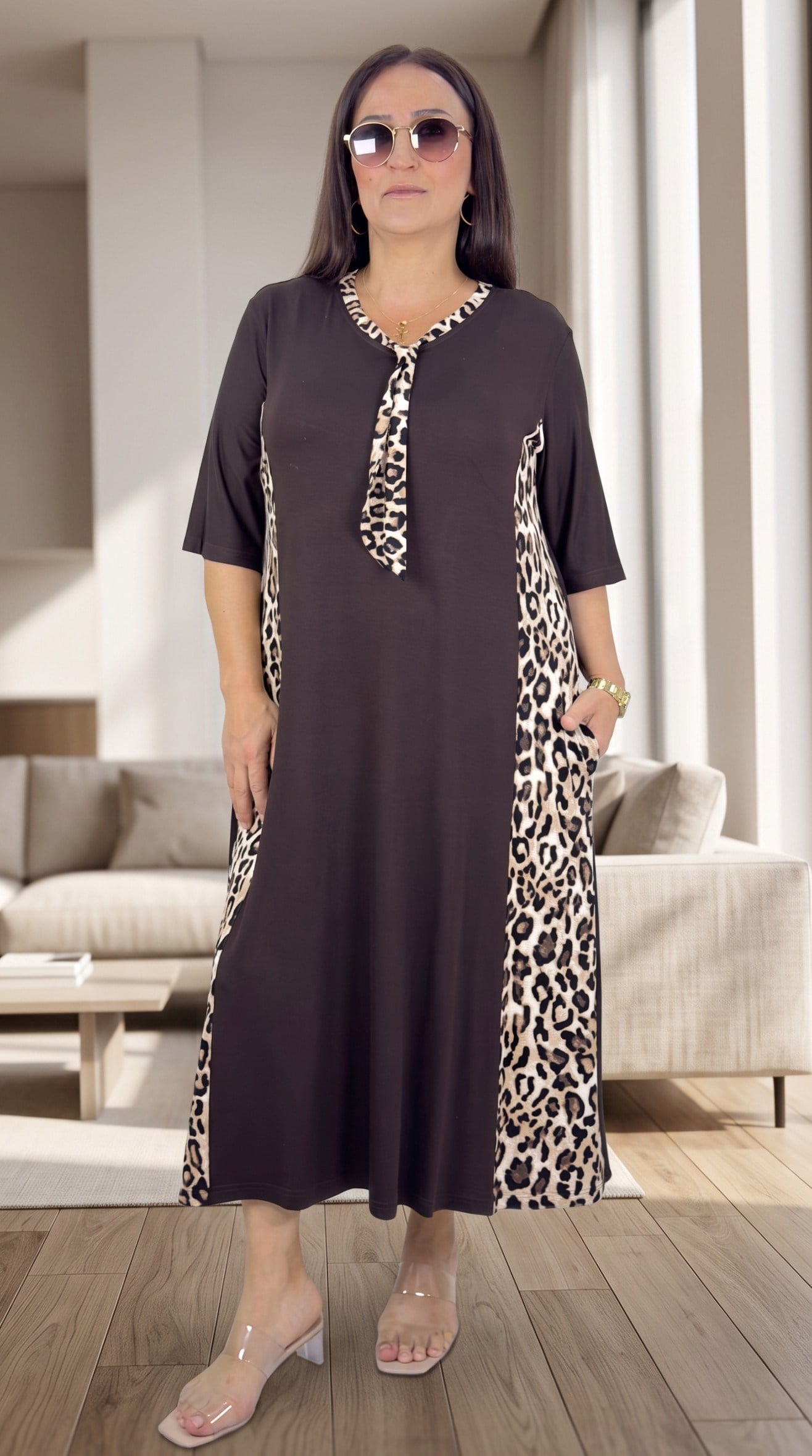 LEOPAR DESENLİ CEPLİ FUL LİKRALI V YAKA BÜYÜK BEDEN PAMUKLU VİSKON YAZLIK ELBİSE