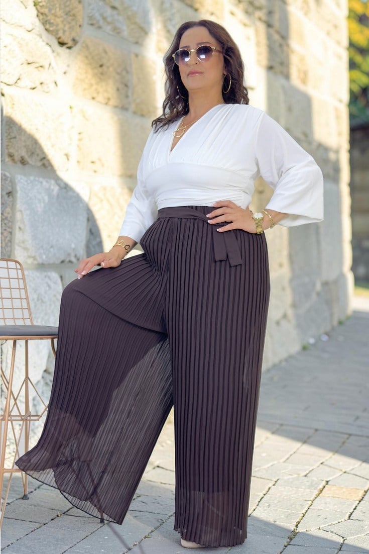 BELİ LASTİKLİ KUŞAK DETAYLI ASTARLI PİLİSELİ GENİŞ PAÇA BÜYÜK BEDEN ŞİFON PANTOLON ETEK