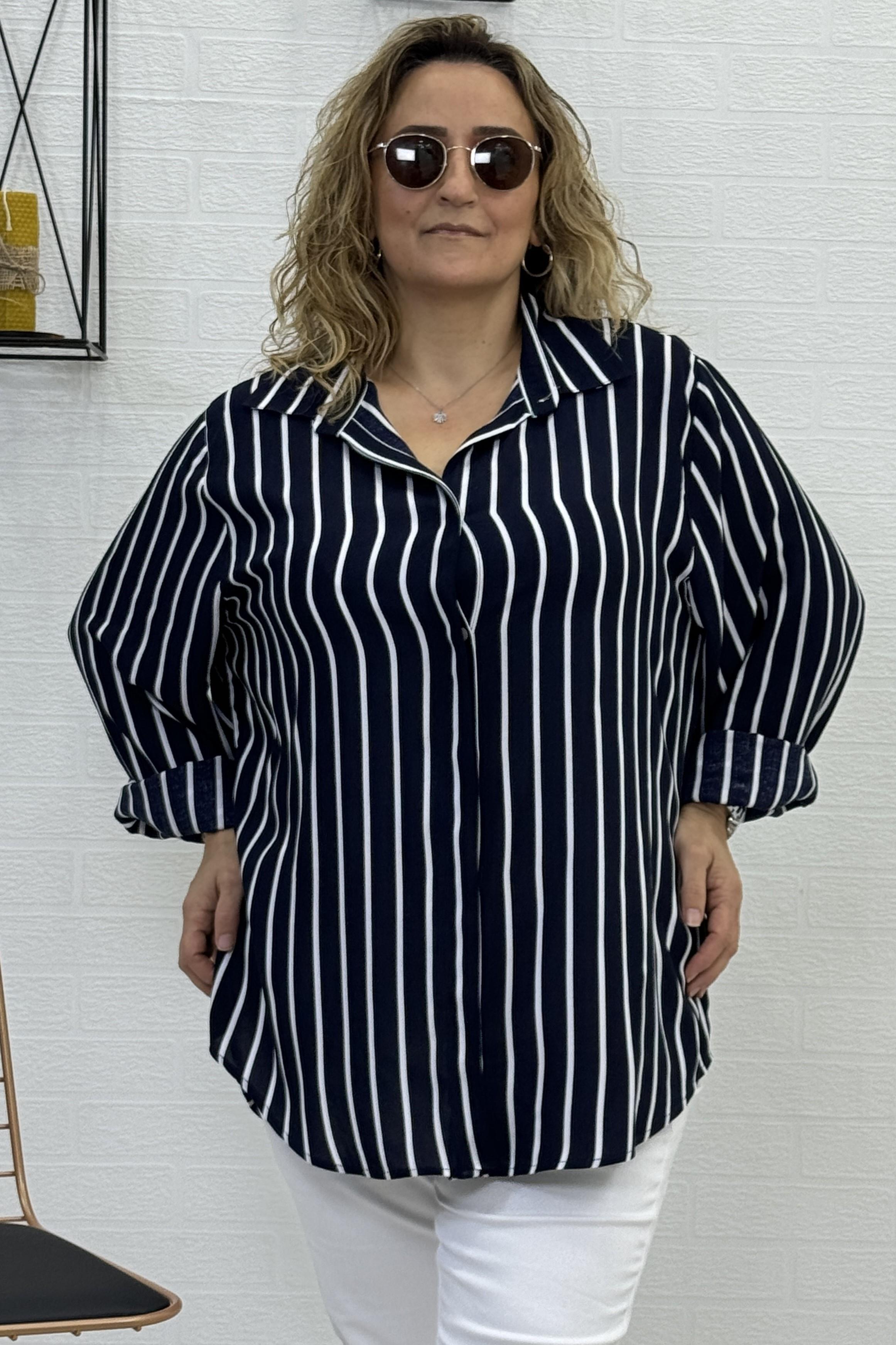 EKSTRA BÜYÜK BEDEN ÇİZGİLİ DESEN ZARA PAMUKLU KADIN GÖMLEK
