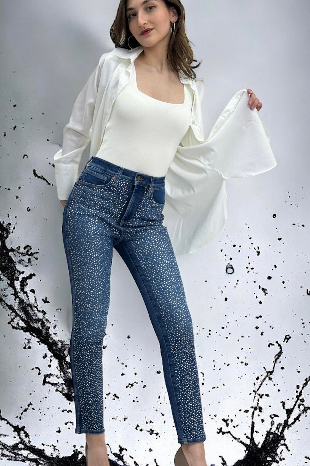 BÜYÜK BEDEN TAŞ İŞLEMELİ FUL LİKRALI MOM JEANS KADIN KOT PANTOLON