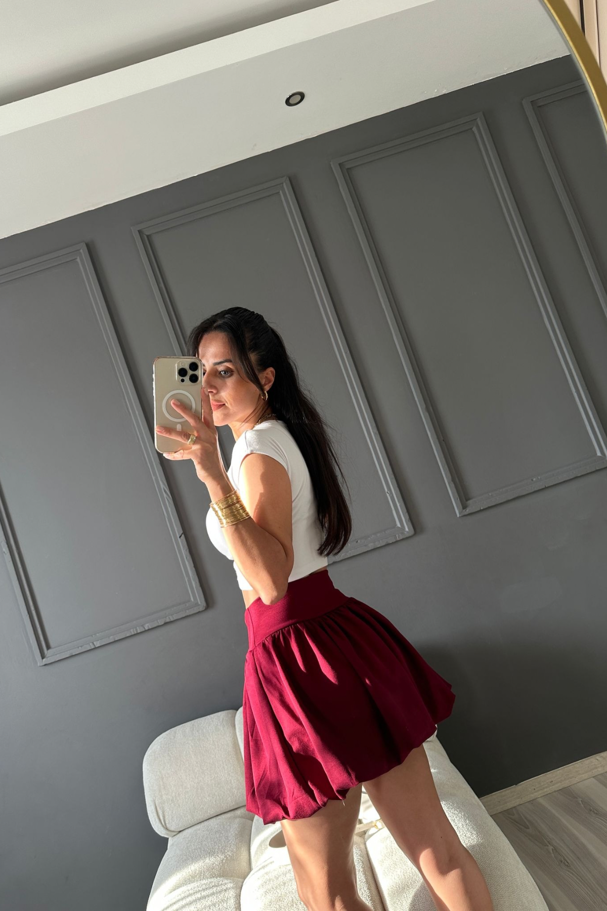 Bordo Likralı Balon Şort Etek