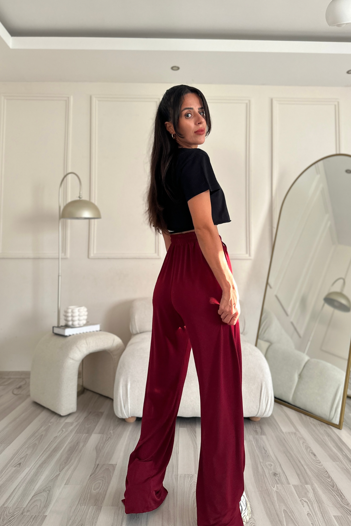 Dökümlü Yırtmaçlı Bordo Likralı Pantolon