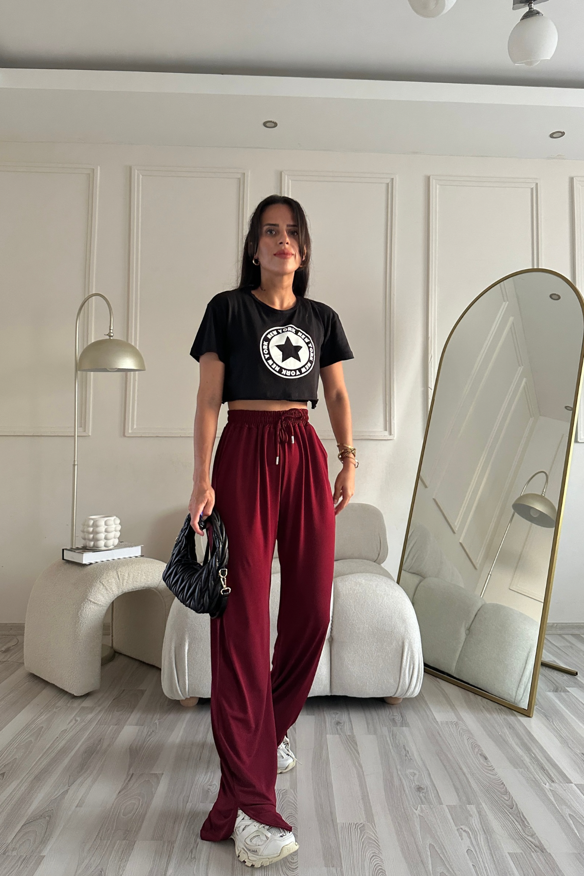 Dökümlü Yırtmaçlı Bordo Likralı Pantolon