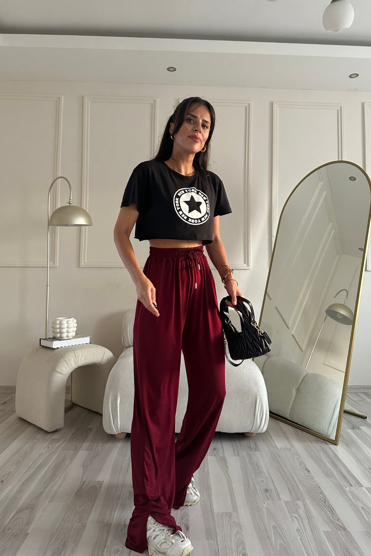 Dökümlü Yırtmaçlı Bordo Likralı Pantolon