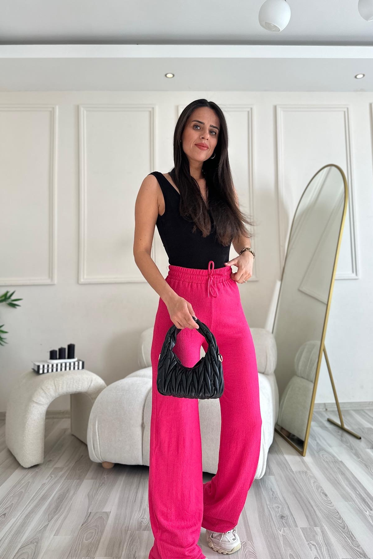Gofre Kumaş Pembe Pantolon