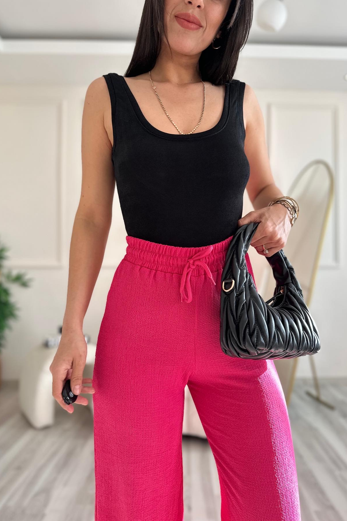 Gofre Kumaş Pembe Pantolon