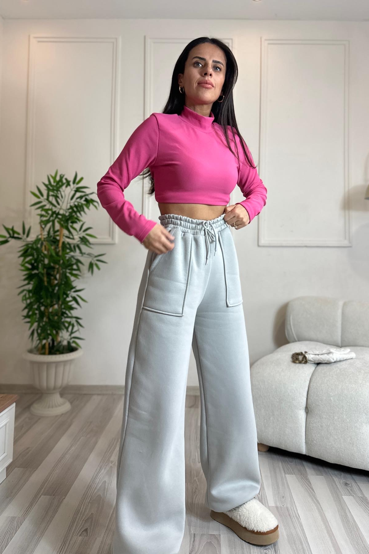 Gri Cepli Üç İplik Şardonlu Bol Paça Lastikli Eşofman Altı