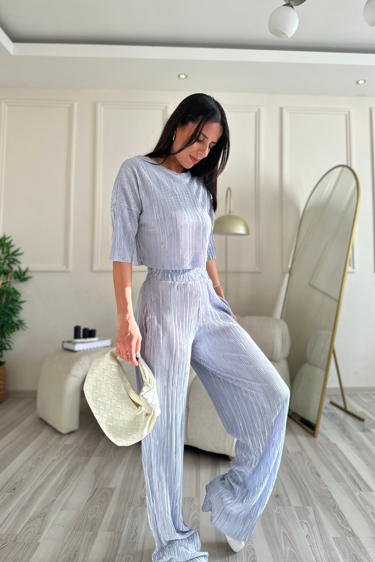 Gri Crop Pliseli Takım