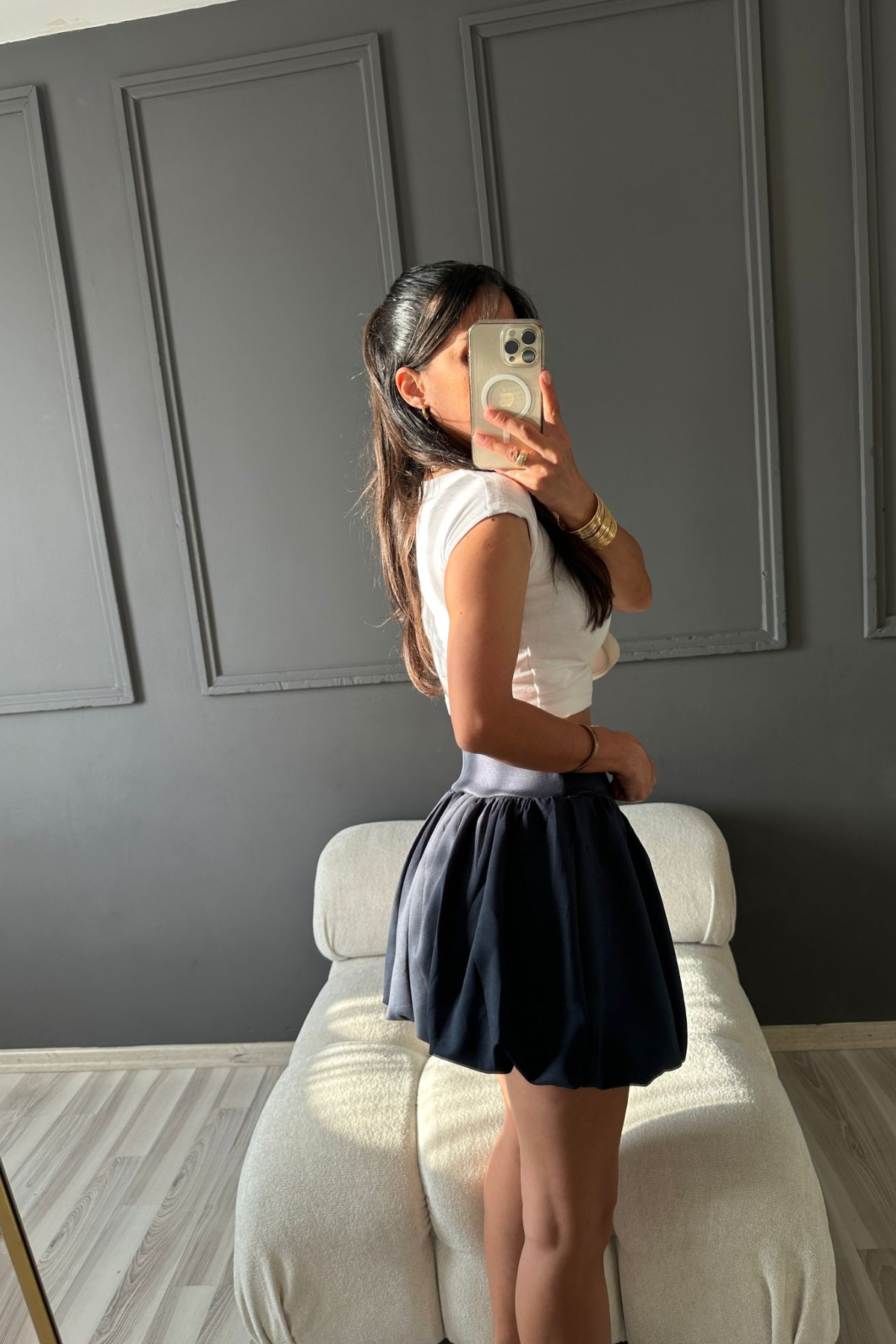 Gri Likralı Balon Şort Etek