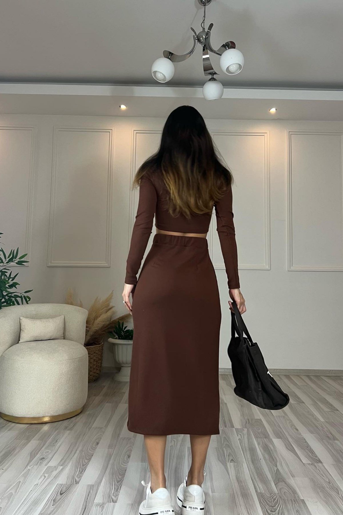 Kahve Fitilli Etek Ve Crop Takım