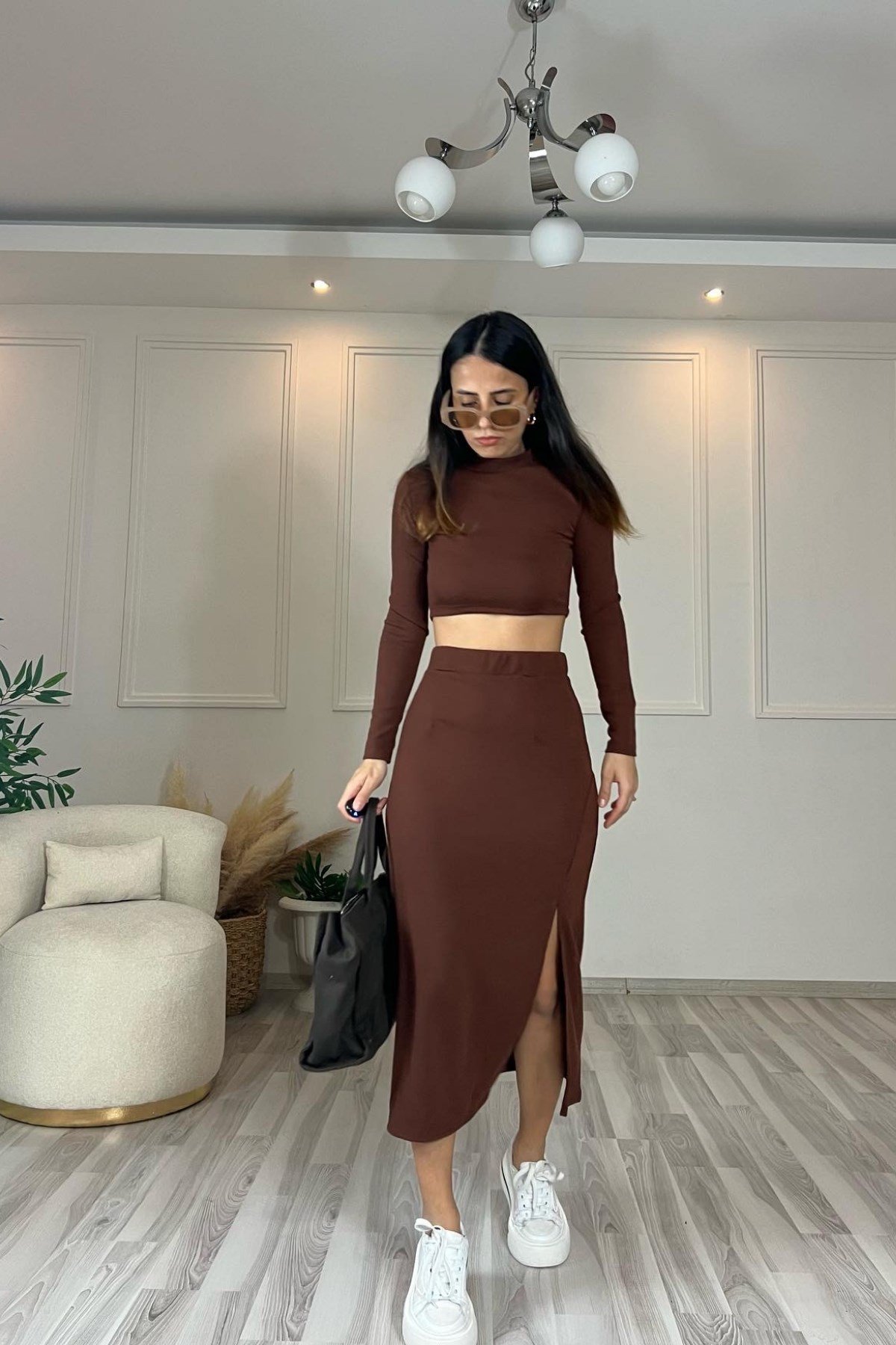 Kahve Fitilli Etek Ve Crop Takım