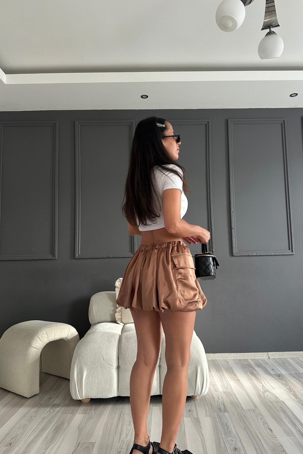Kahve Saten Balon Şort Etek