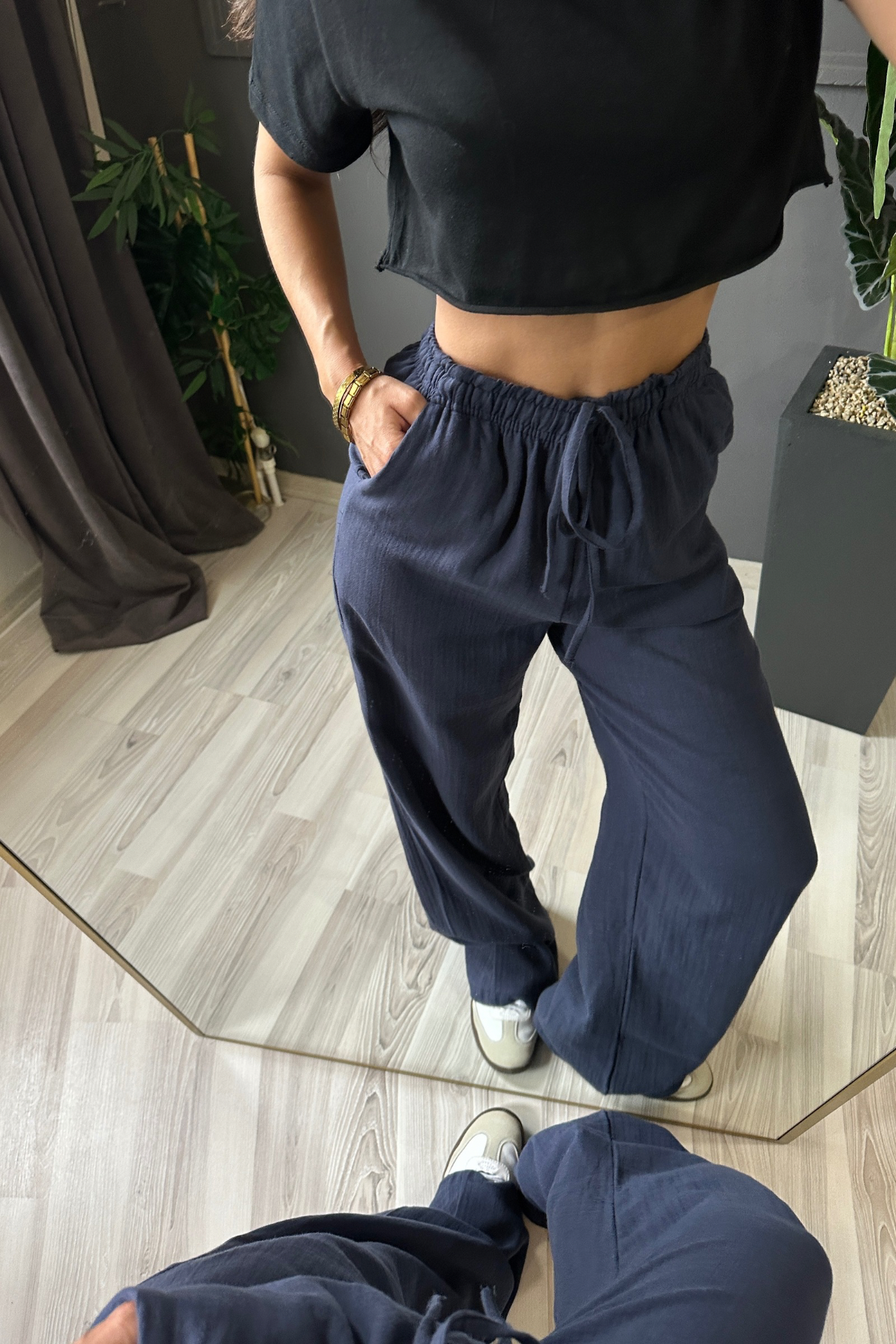 Lacivert Müslin Keten Bol Paça Pantolon