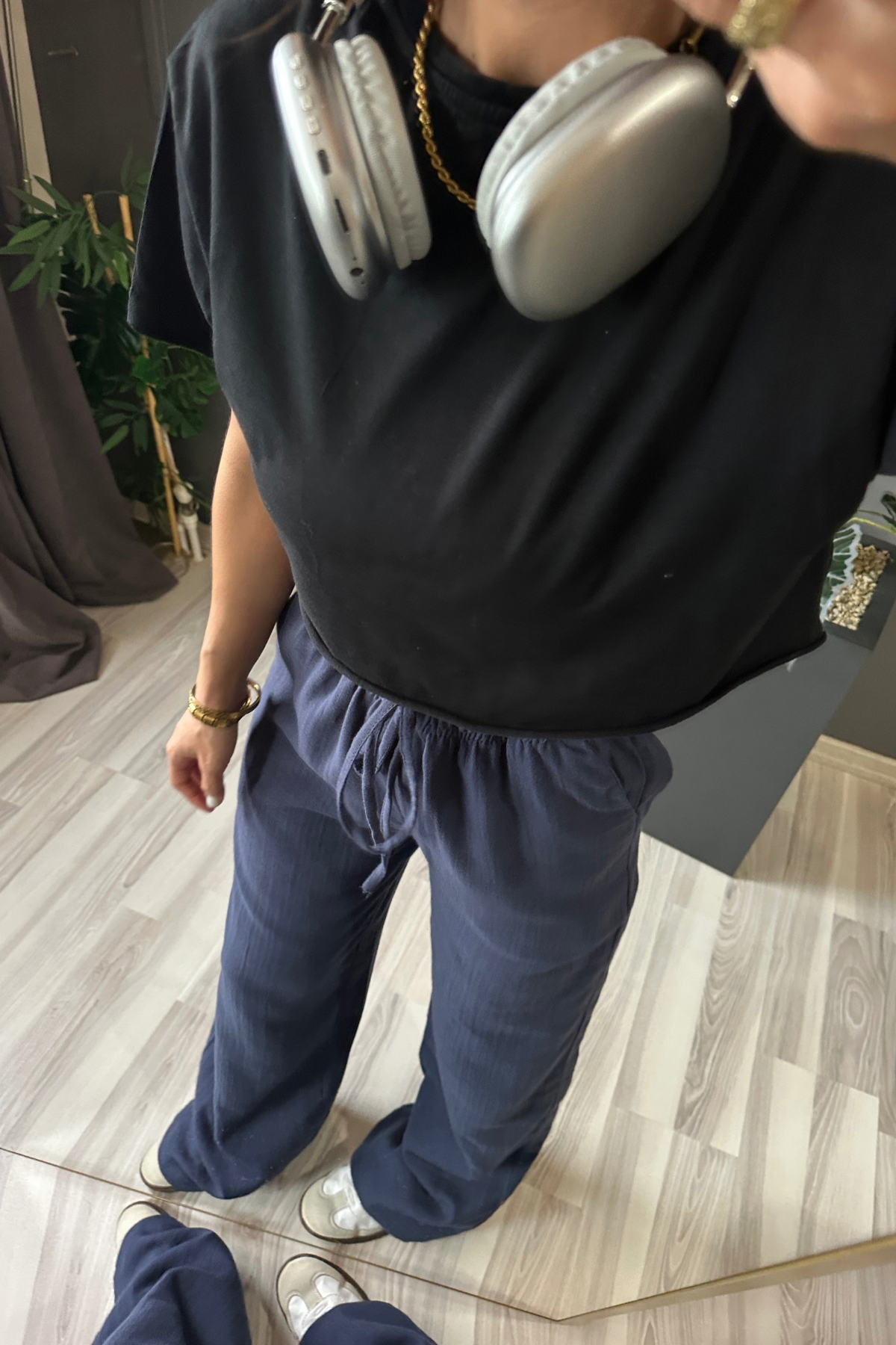 Lacivert Müslin Keten Bol Paça Pantolon