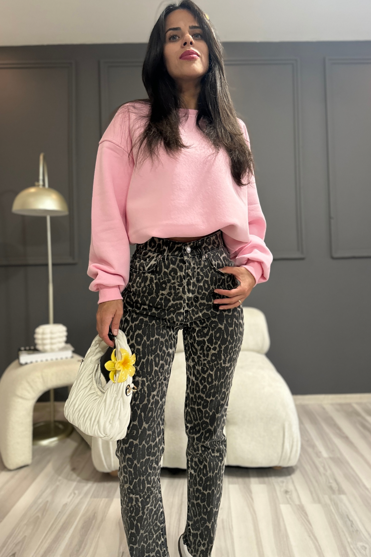 Leopar Desenli Straight Denim