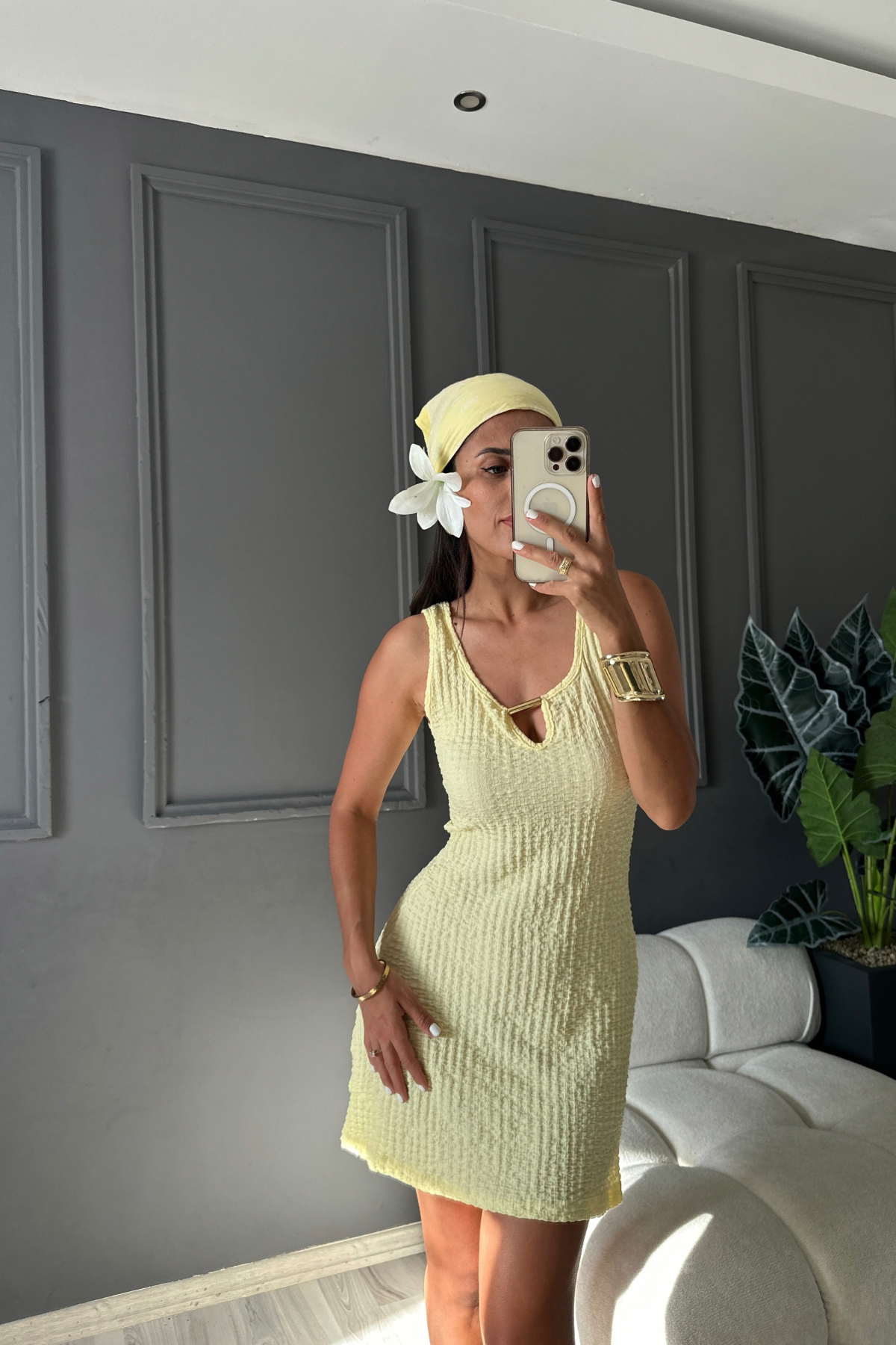 Midi Gold Detaylı Sarı Burble Elbise